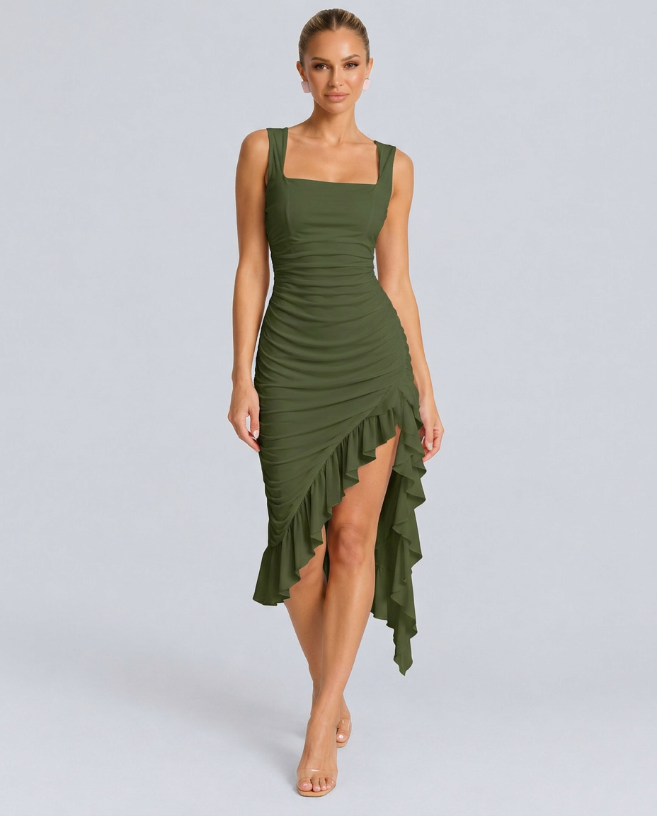 Xenia | Ruched Bodycon Flounce Hem Midi Dress