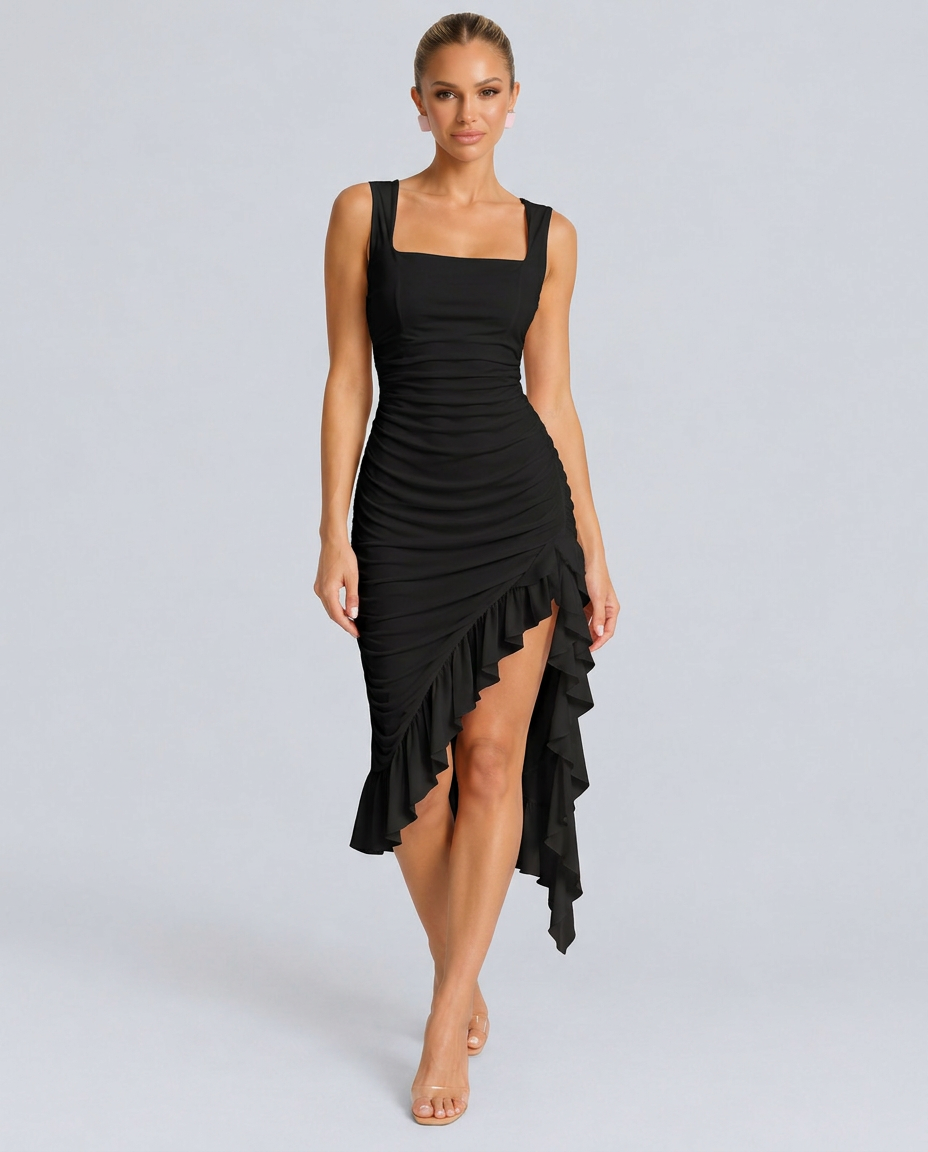 Xenia | Ruched Bodycon Flounce Hem Midi Dress