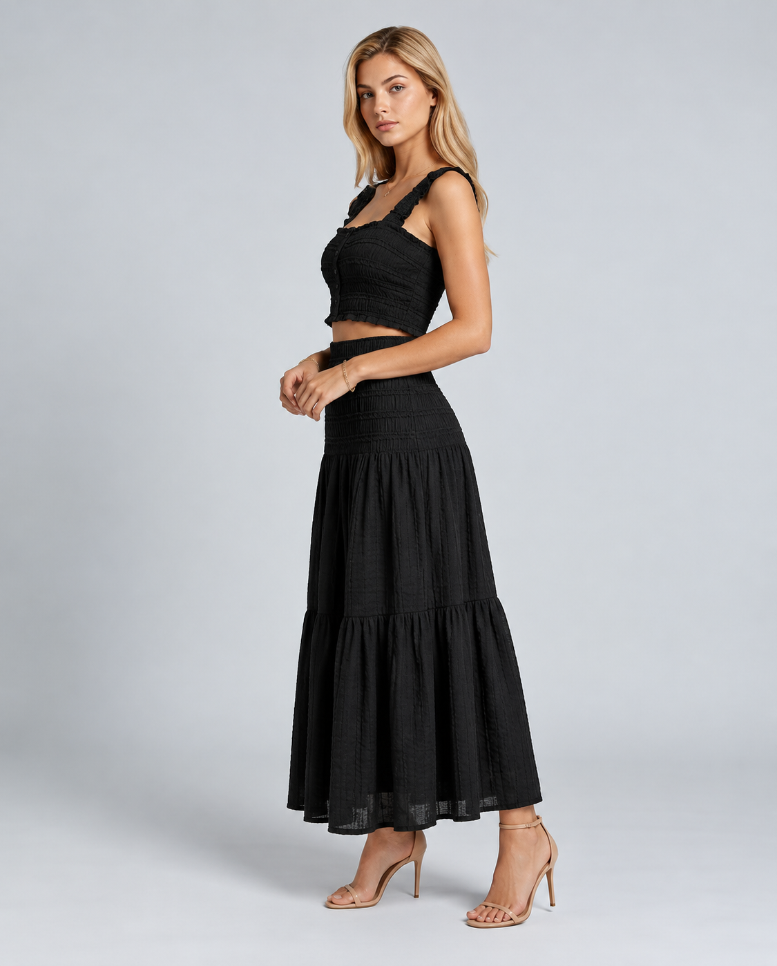 Lyra | Shirred Crop Top & Tiered Maxi Skirt Co-ord Set