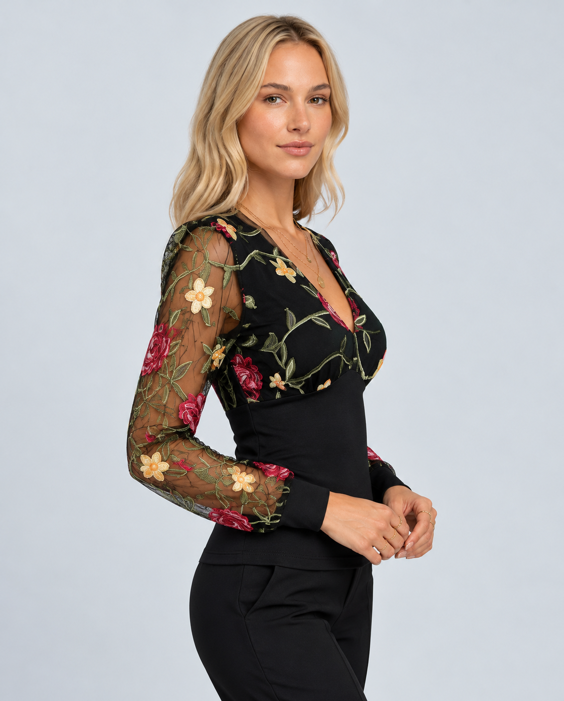 Freya | Floral Embroidered Mesh Deep V Long Sleeve Blouse
