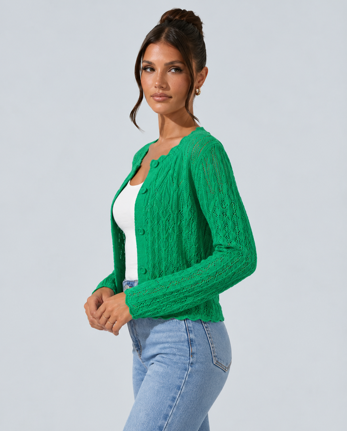 Ellie | Cropped Openwork Knit Button Cardigan