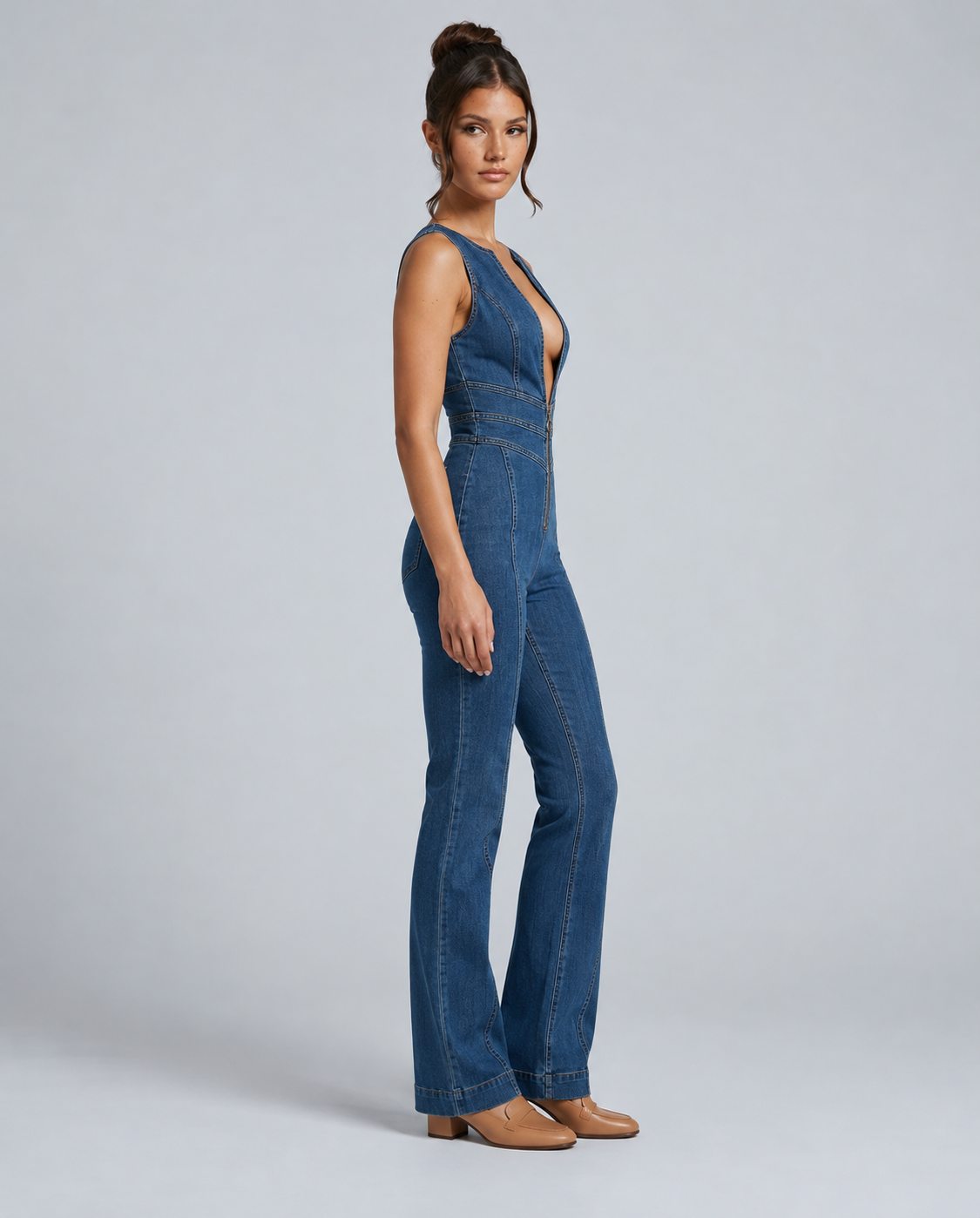 Lila | Zip Front Plunge Denim Jumpsuit