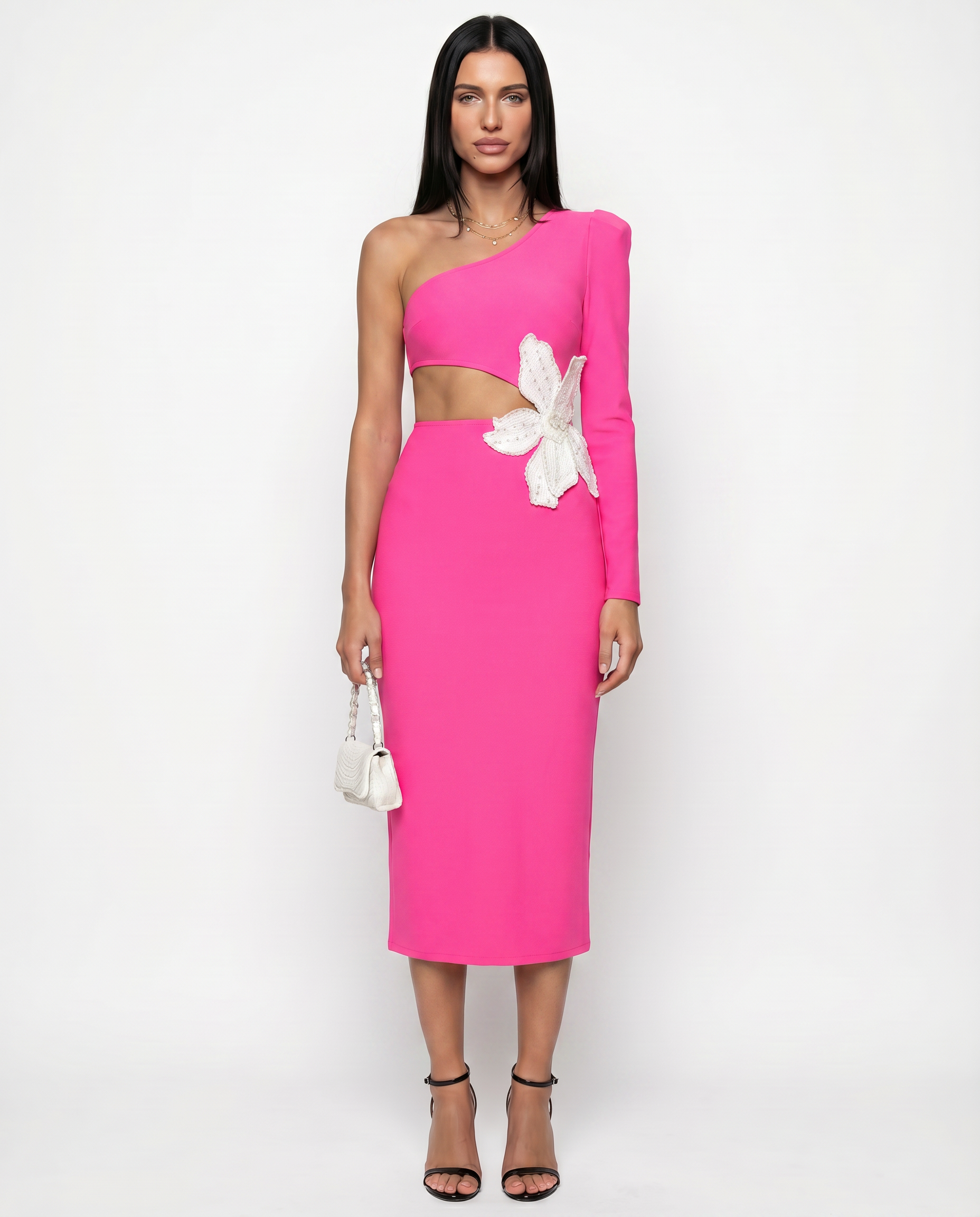 Angelica | Midi Dress with One-Shoulder Floral Detail
