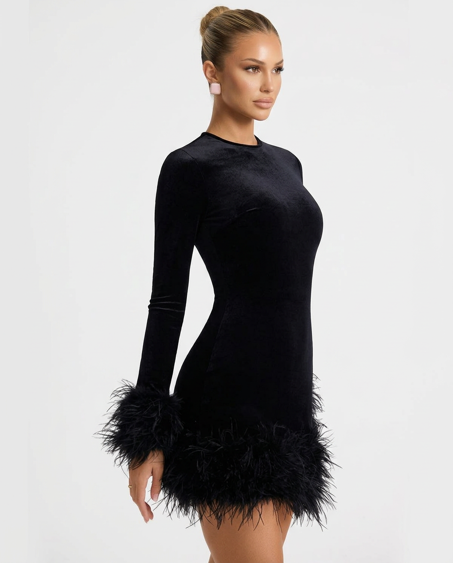 Ayden | Mini Dress with Feather Trim and Belt