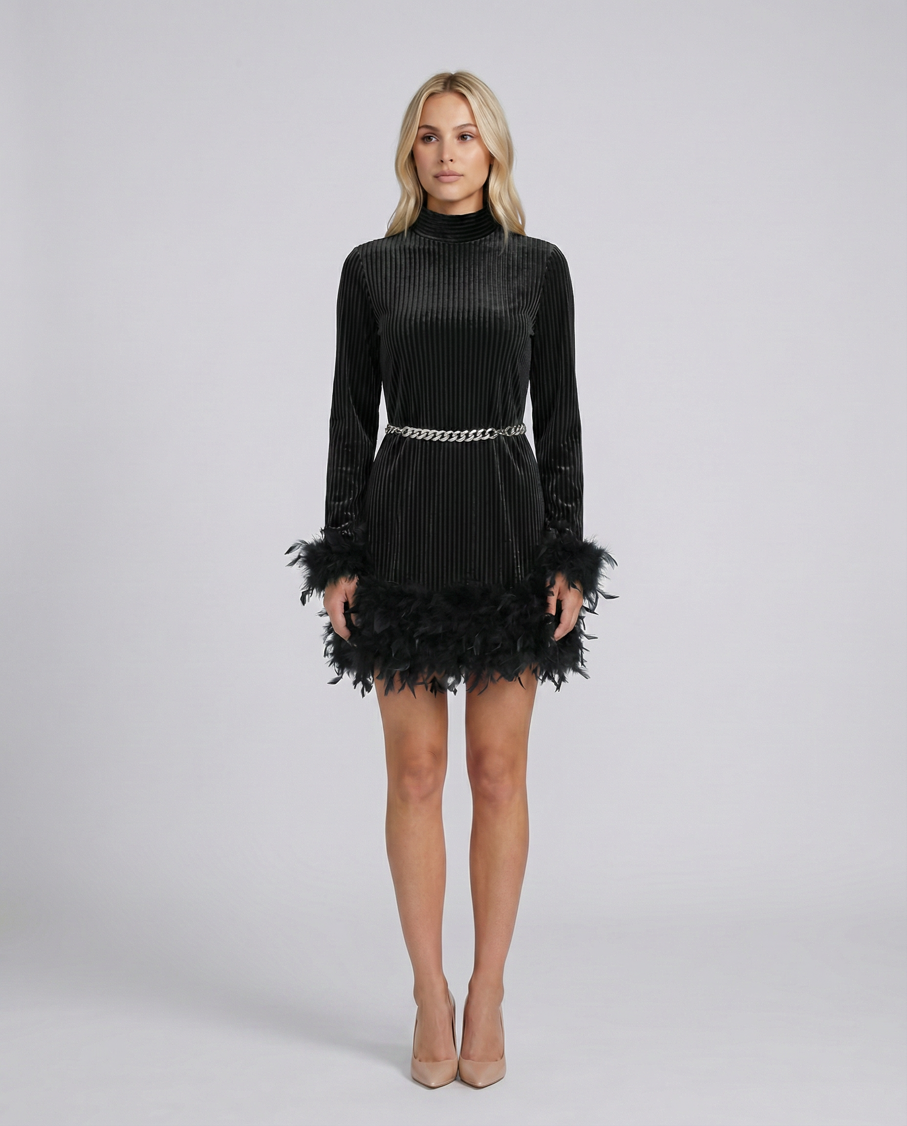 Ayden | Mini Dress with Feather Trim and Belt