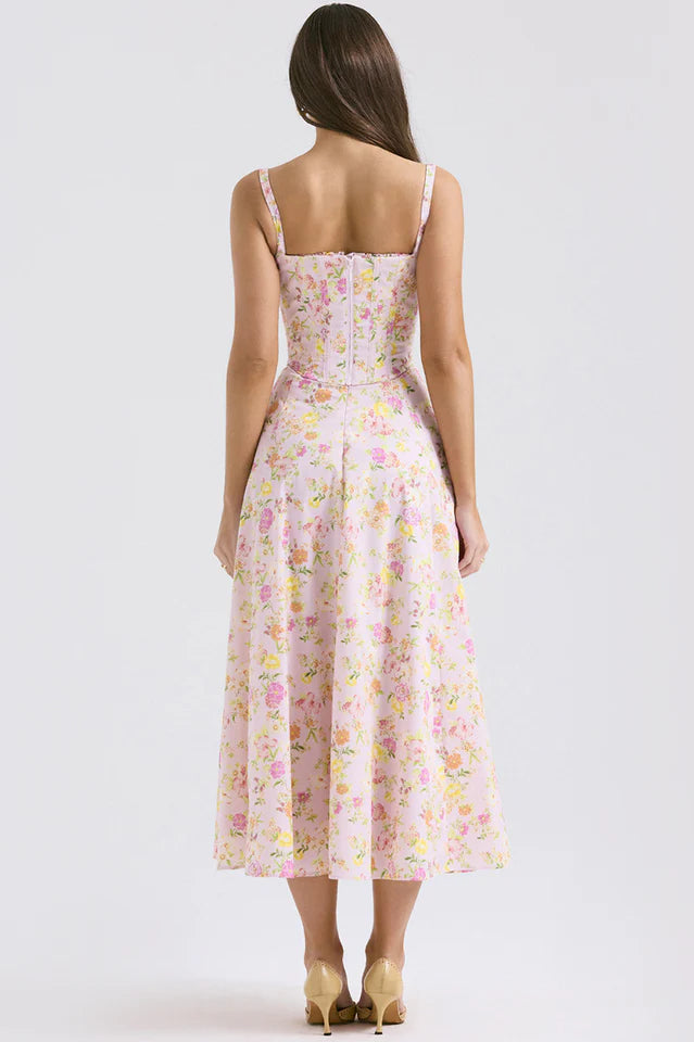 Nellie | Midi Dress with Floral Print and Corset Bodice