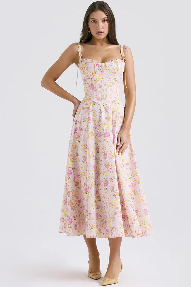 Nellie | Midi Dress with Floral Print and Corset Bodice