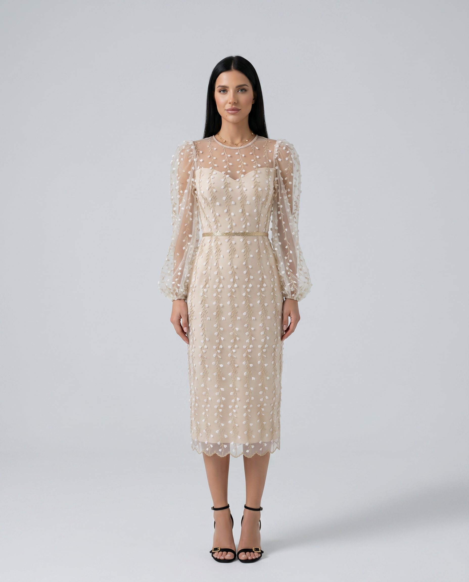 Toni | Midi Dress with Sheer Embroidered Overlay