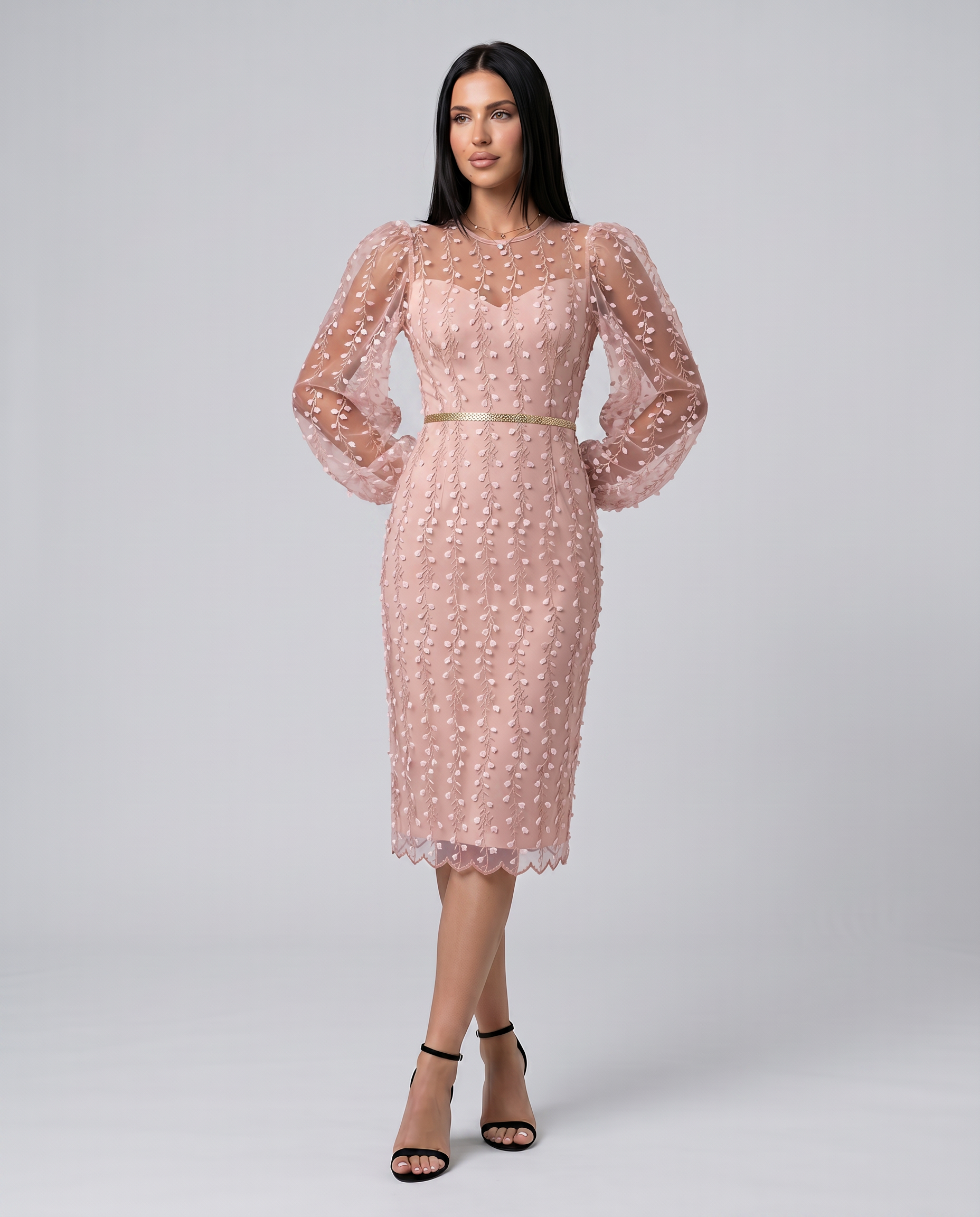 Toni | Midi Dress with Sheer Embroidered Overlay