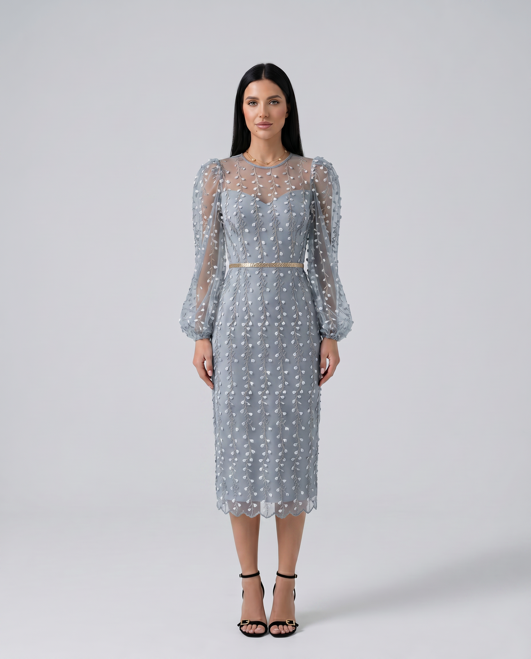 Toni | Midi Dress with Sheer Embroidered Overlay