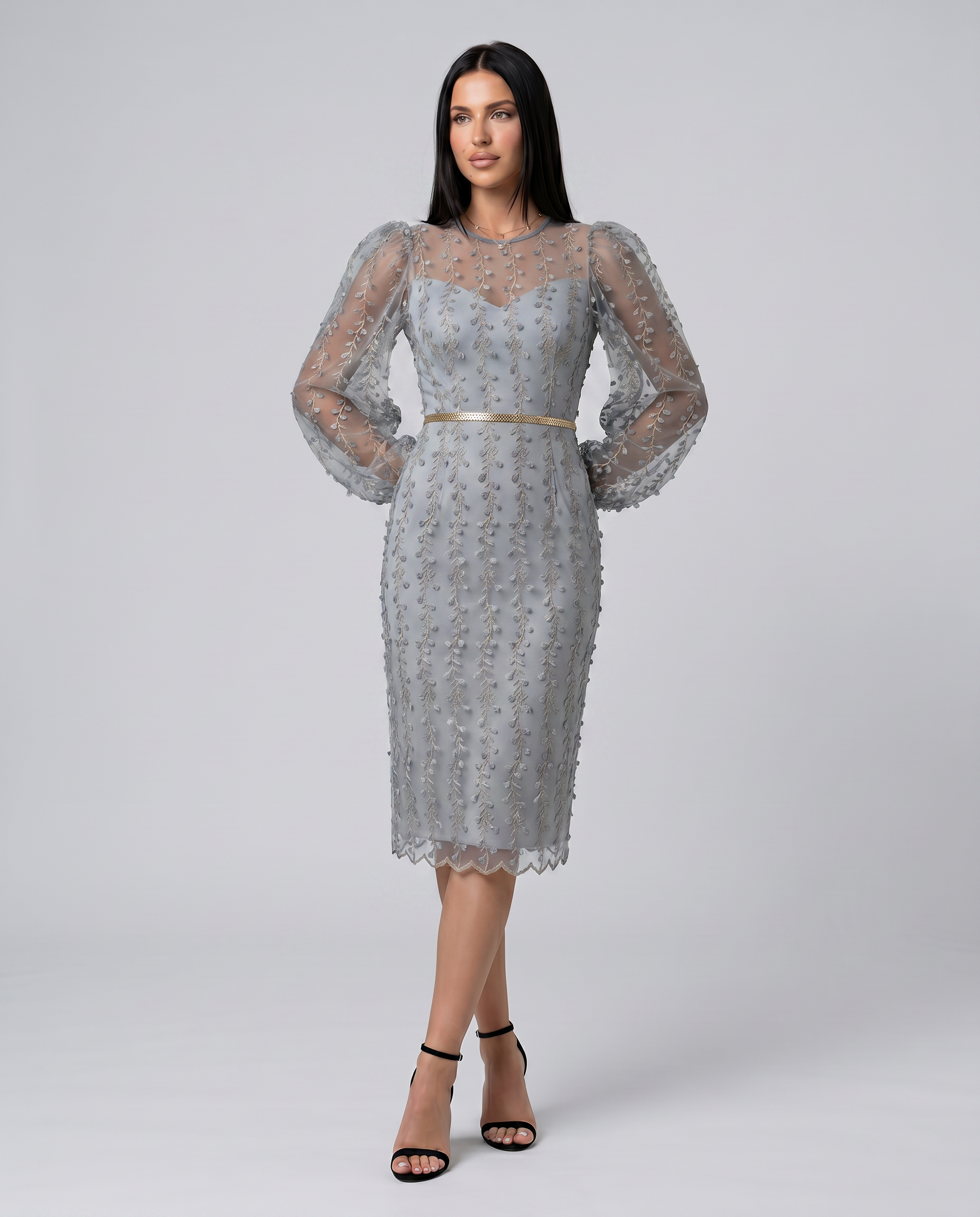 Toni | Midi Dress with Sheer Embroidered Overlay
