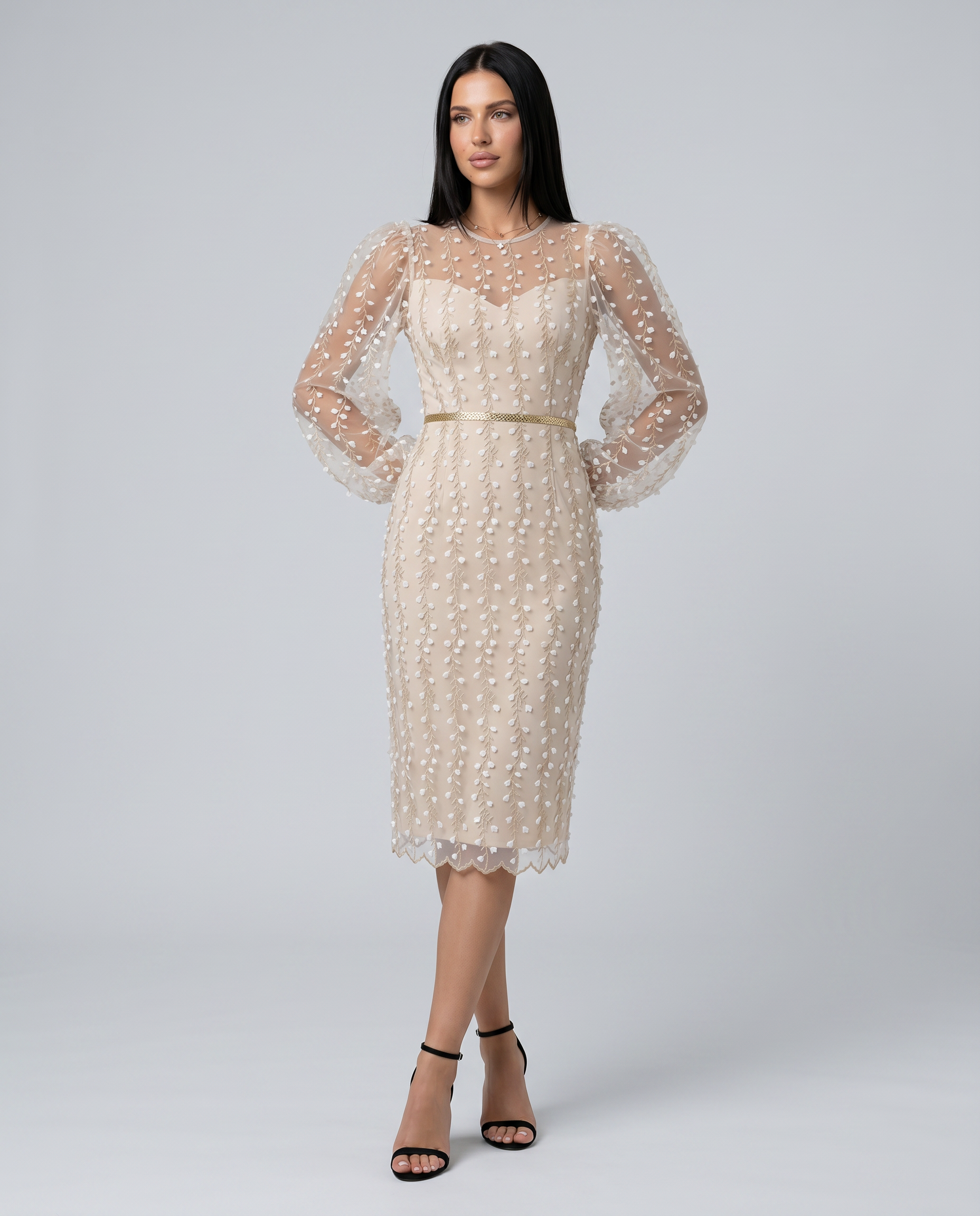 Toni | Midi Dress with Sheer Embroidered Overlay