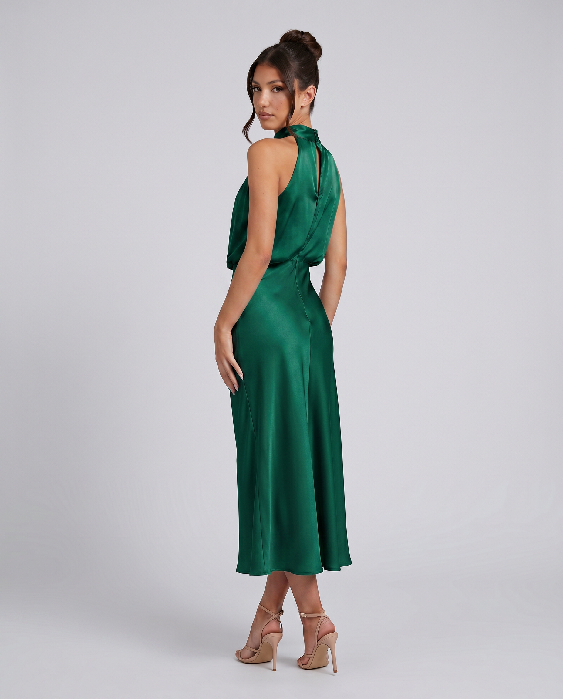 bhldn francesca high neck stretch satin midi dress Women's Satin Halter Midi Dress Draped High Neck Sleeveless Francesca