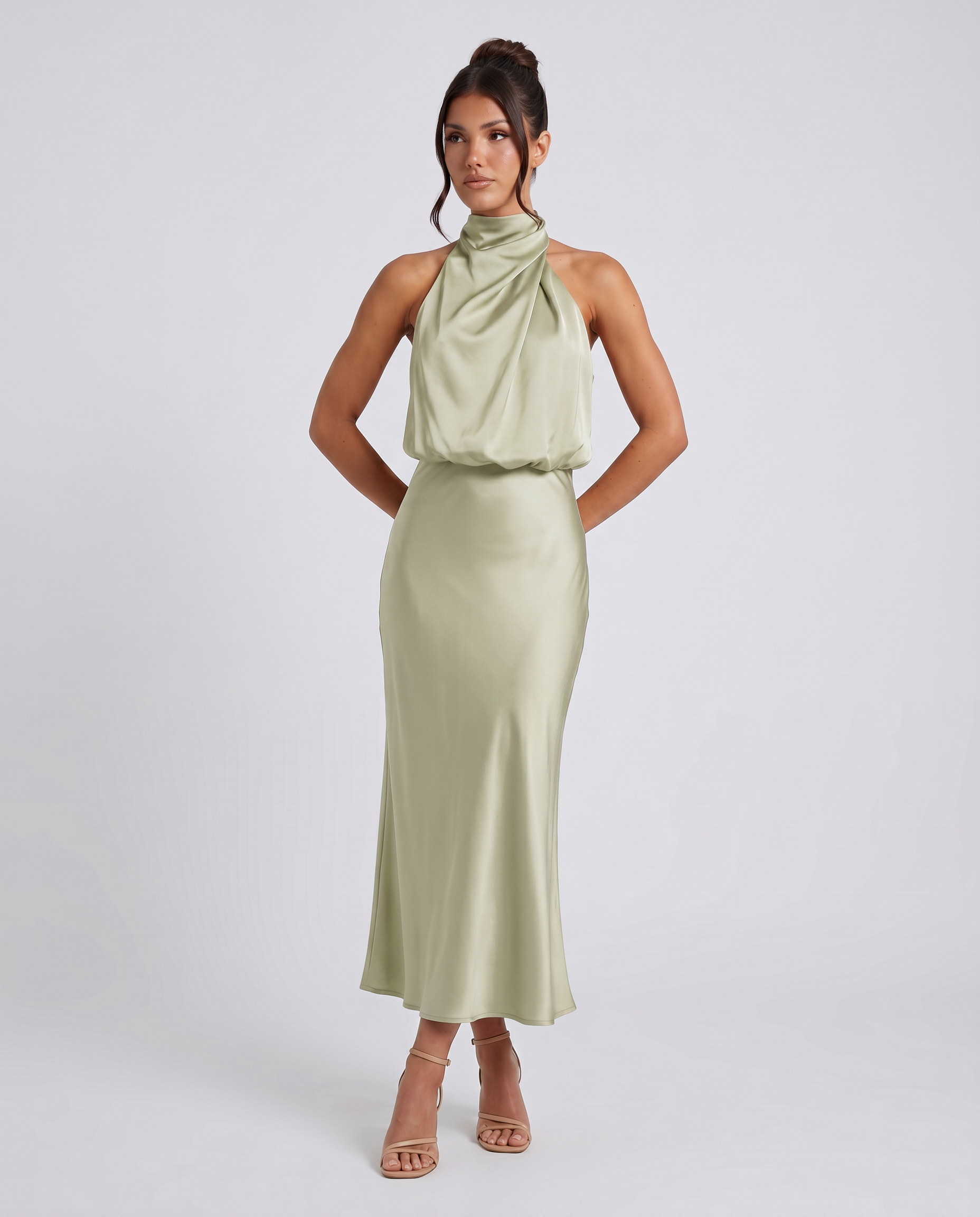 Women's Satin Halter Midi Dress Draped High Neck Sleeveless Francesca