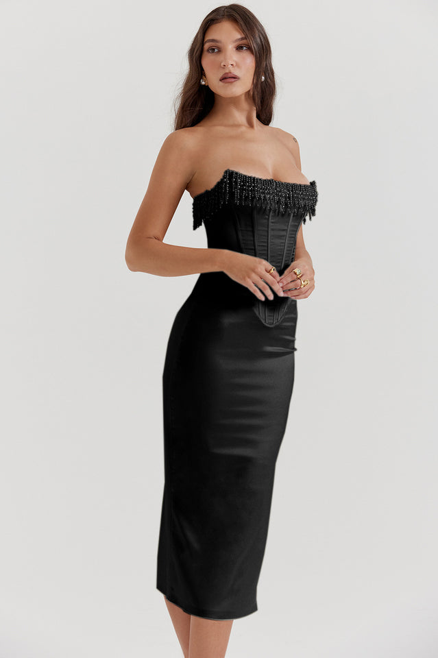 Nalita | Strapless Midi Dress with Pearl Beading