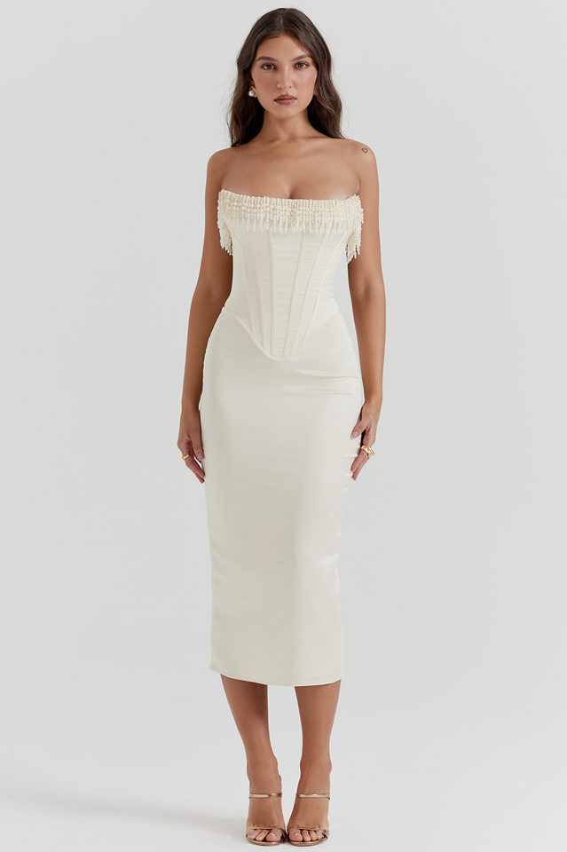 Nalita | Strapless Midi Dress with Pearl Beading
