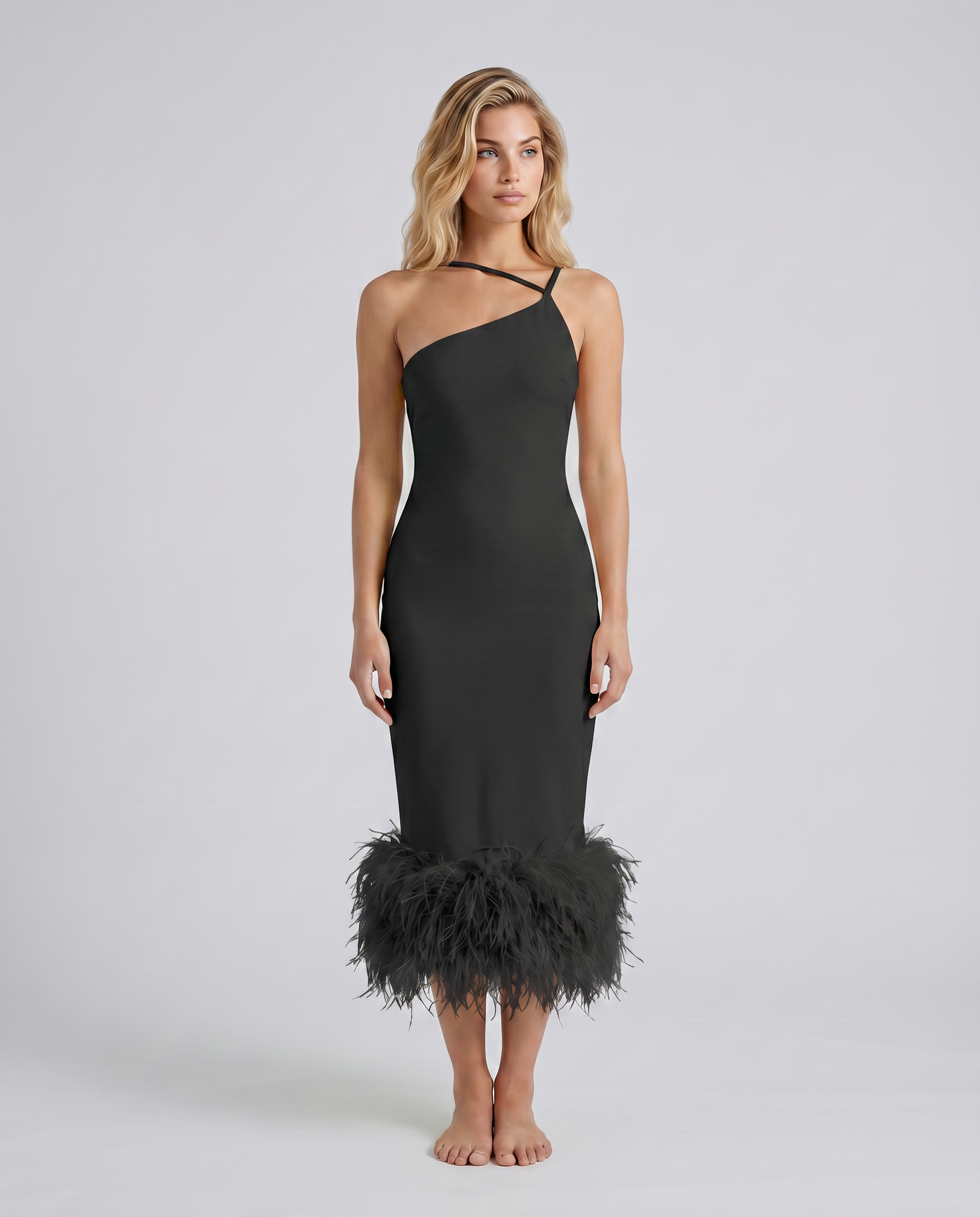 Alyssa | Midi Dress with Feather Hem and One Shoulder Strap