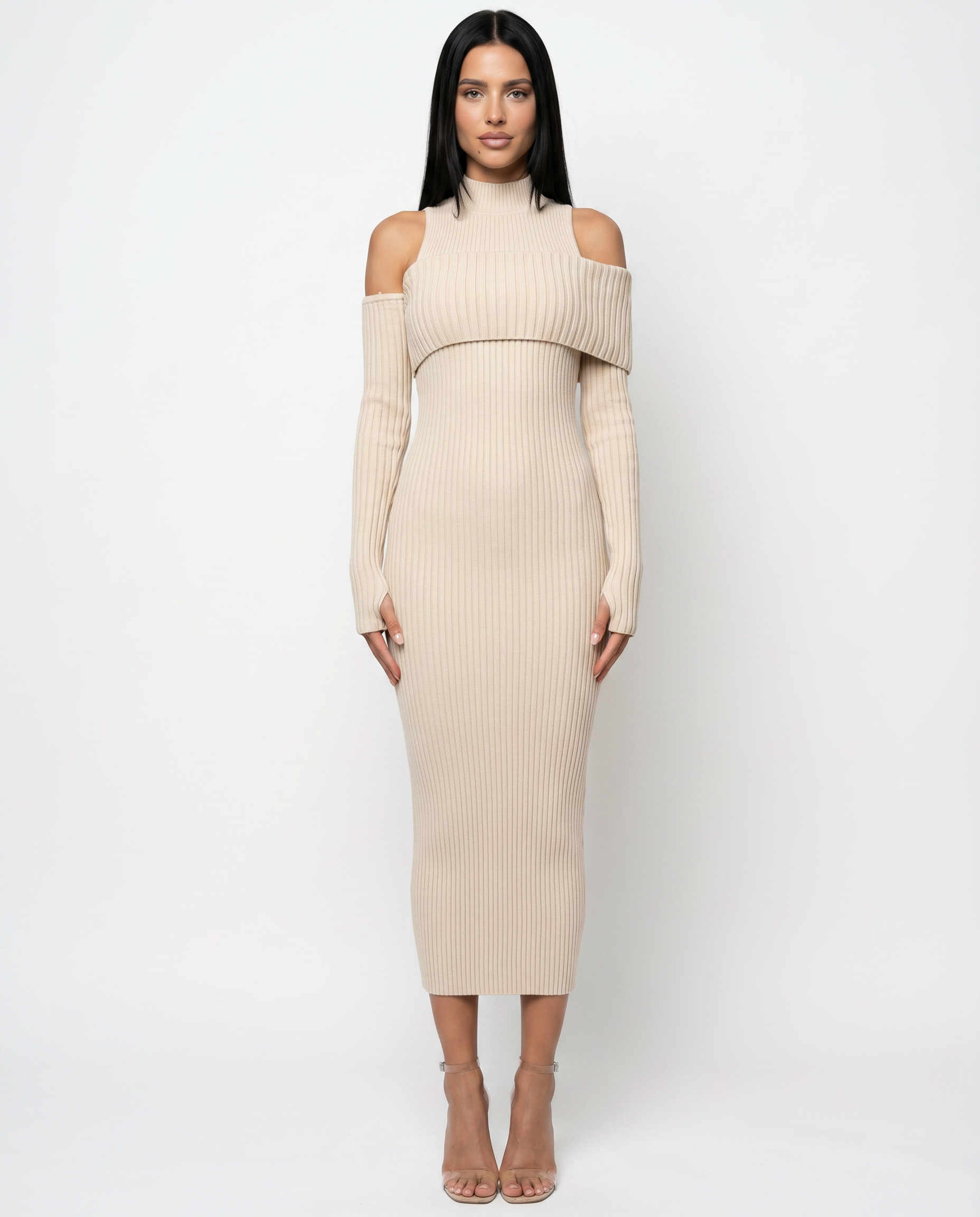 Marisa | Midi Dress with Ribbed Knit and Cold Shoulder Detail