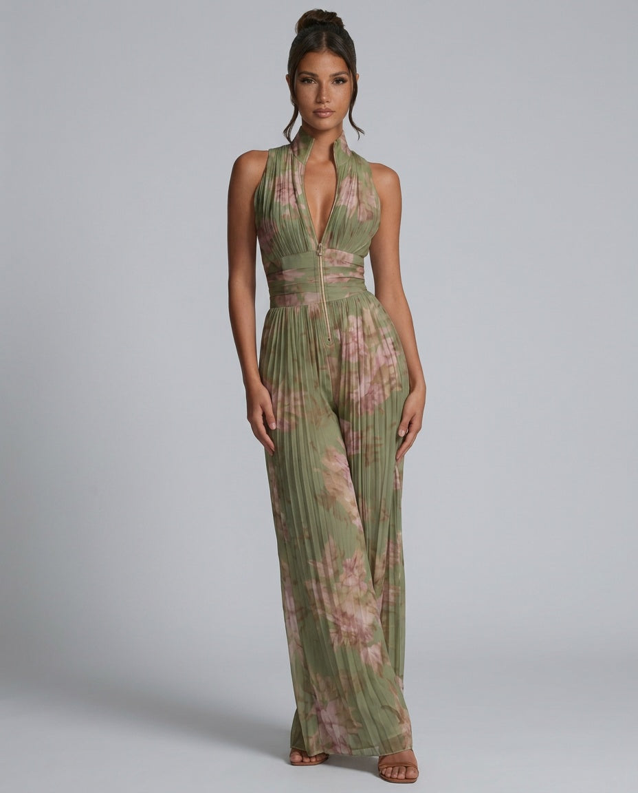 Lisette | Pleated Floral Jumpsuit with Wide-Leg Trousers