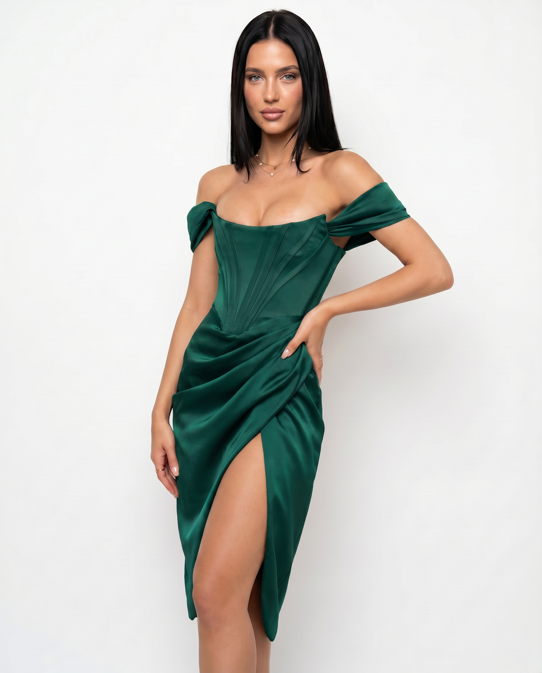 Doris | Midi Dress with Corset Bodice and Side Slit