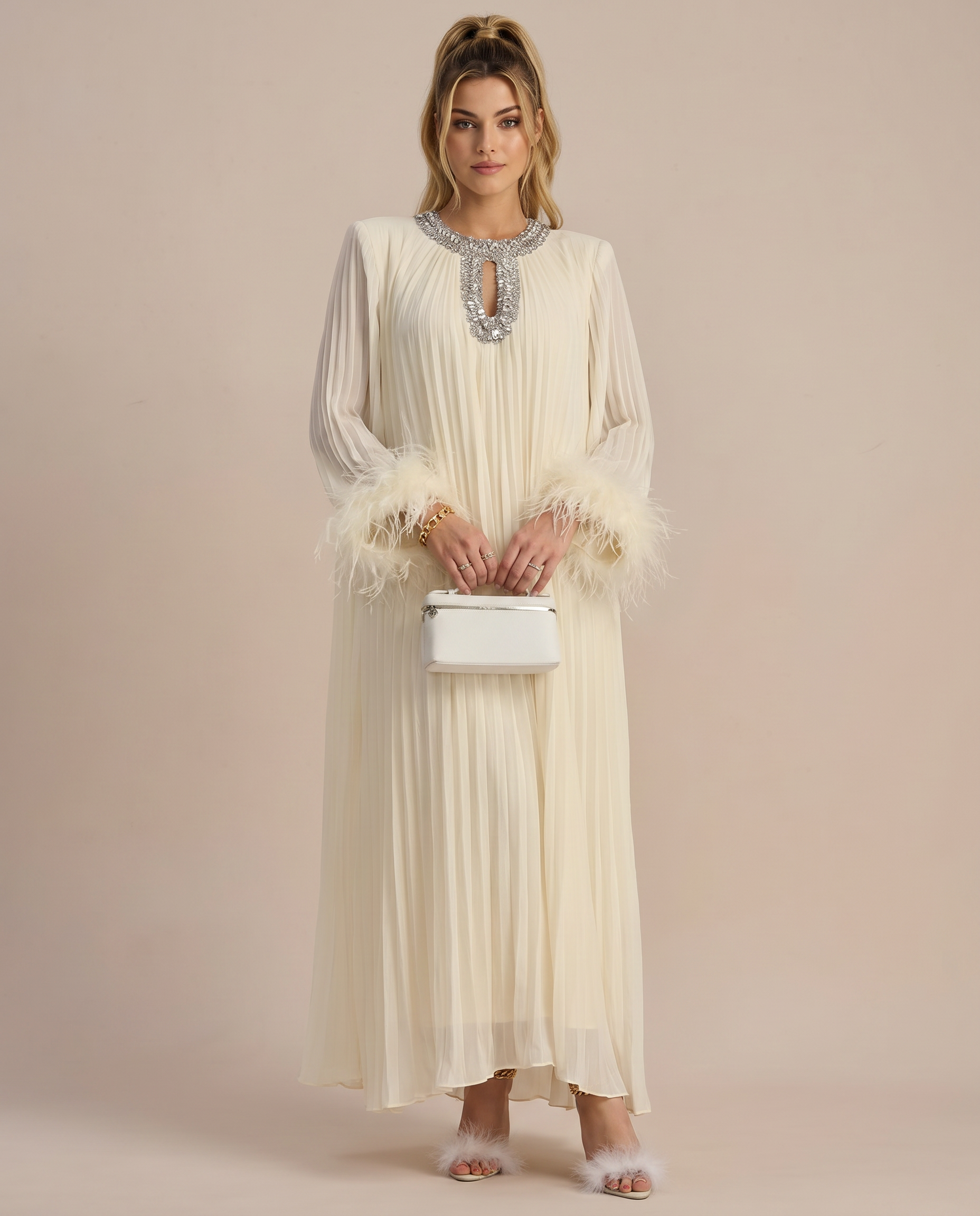 Women's Pleated Maxi Dress Diamante Neck Feather Felicia