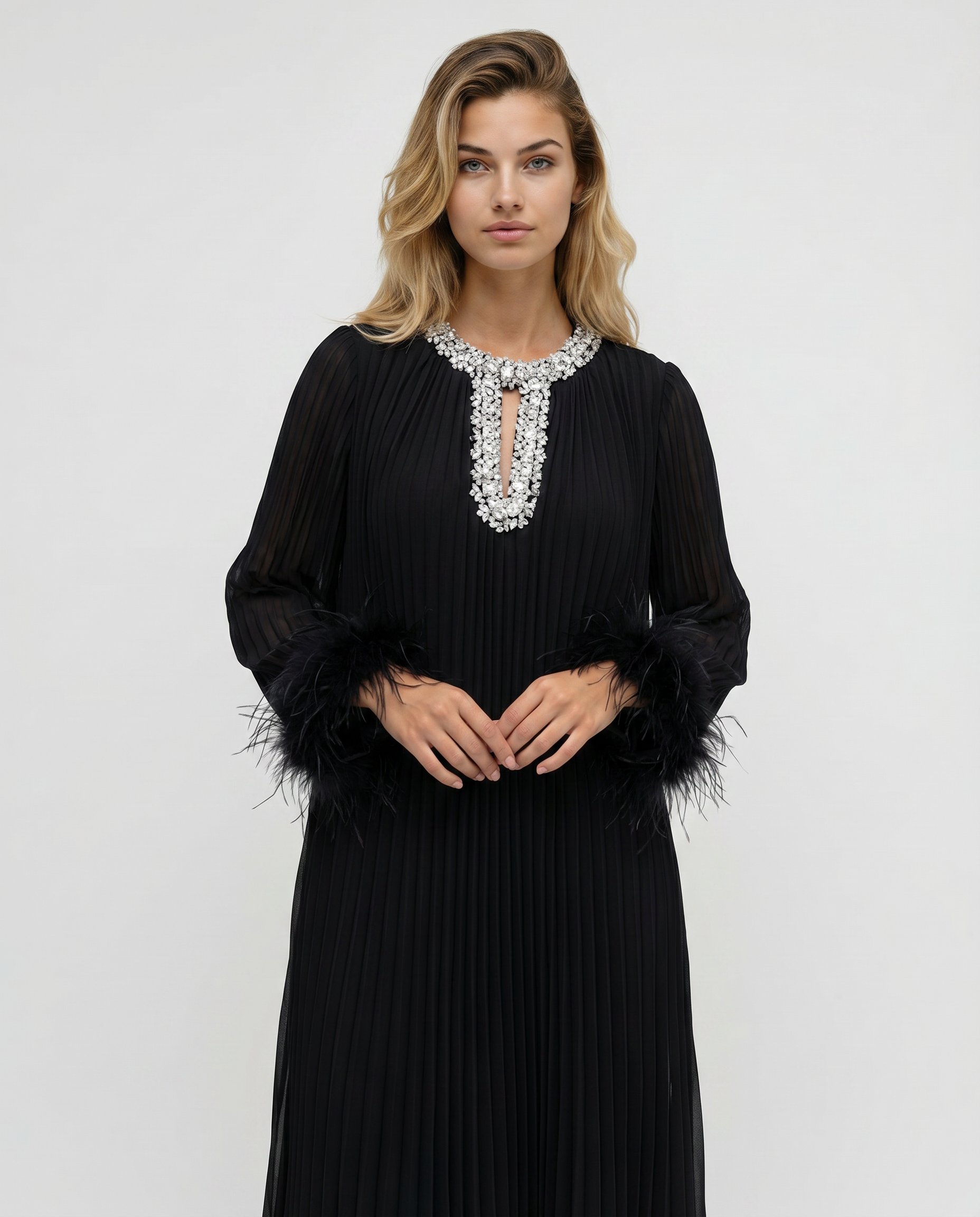 Women's Pleated Maxi Dress Diamante Neck Feather Felicia Women's Pleated Maxi Dress Diamante Neck Feather Felicia