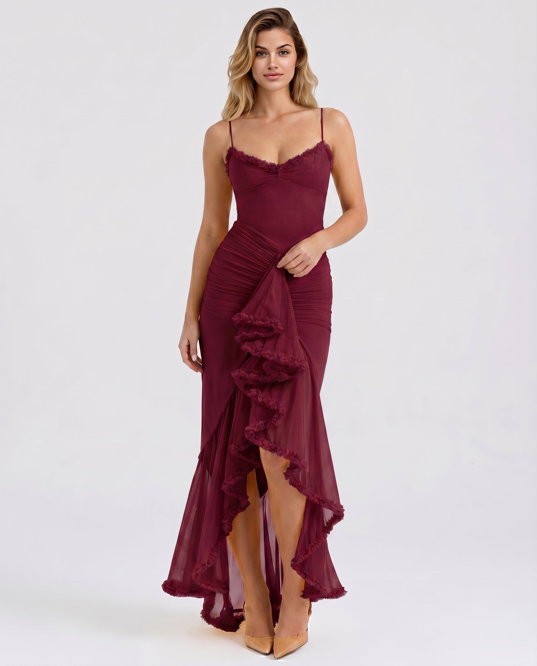 high and low dress for women Women's Ruffle High Low Maxi Dress Spaghetti Strap Leah