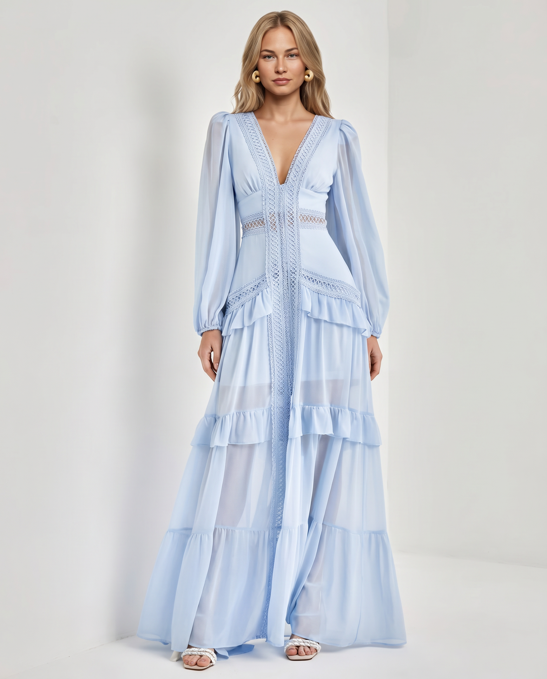 Lorie | Maxi Dress with Ruffle Skirt and Long Sheer Sleeves