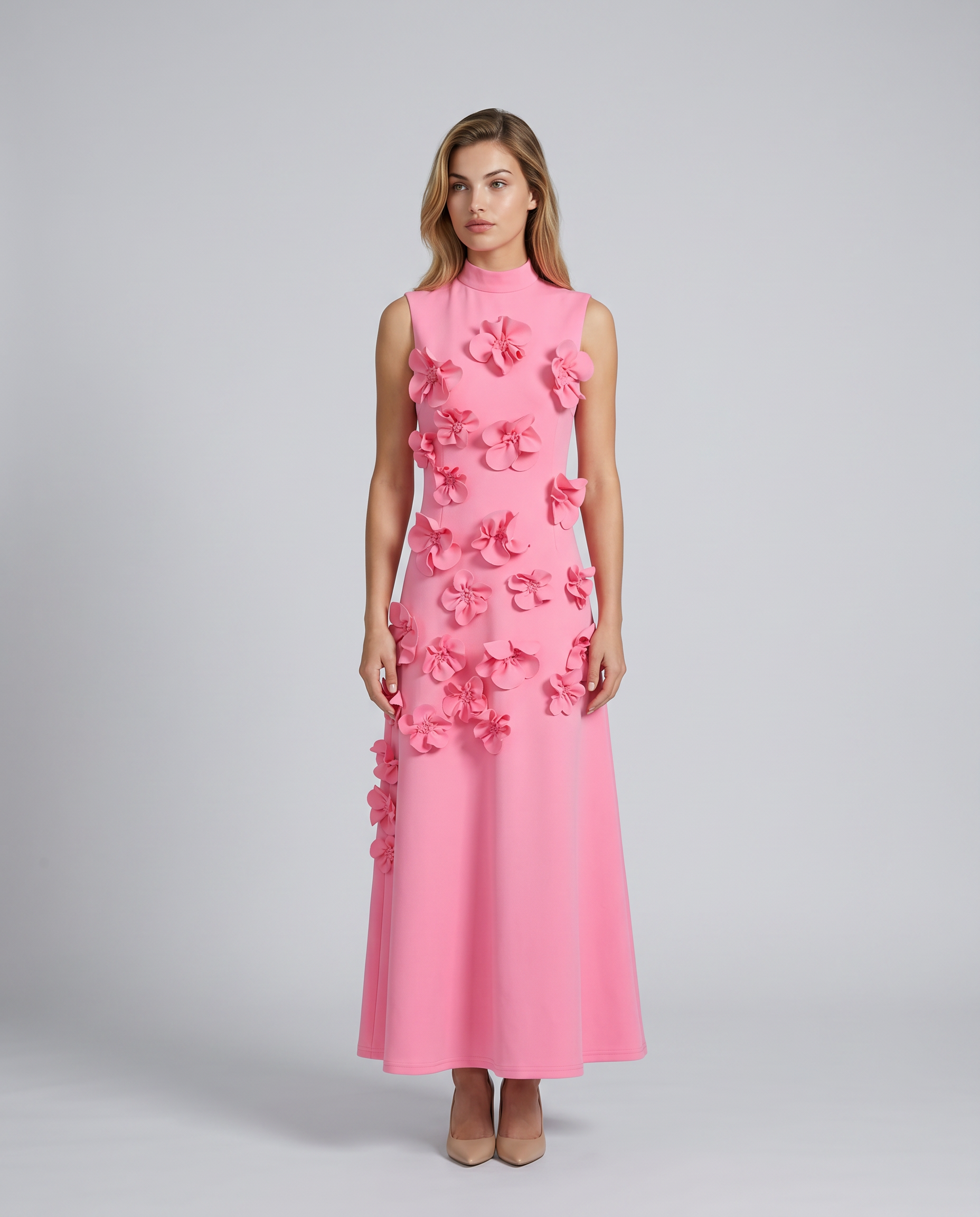 Shelia | Maxi Dress with Floral Appliqué and High Neck