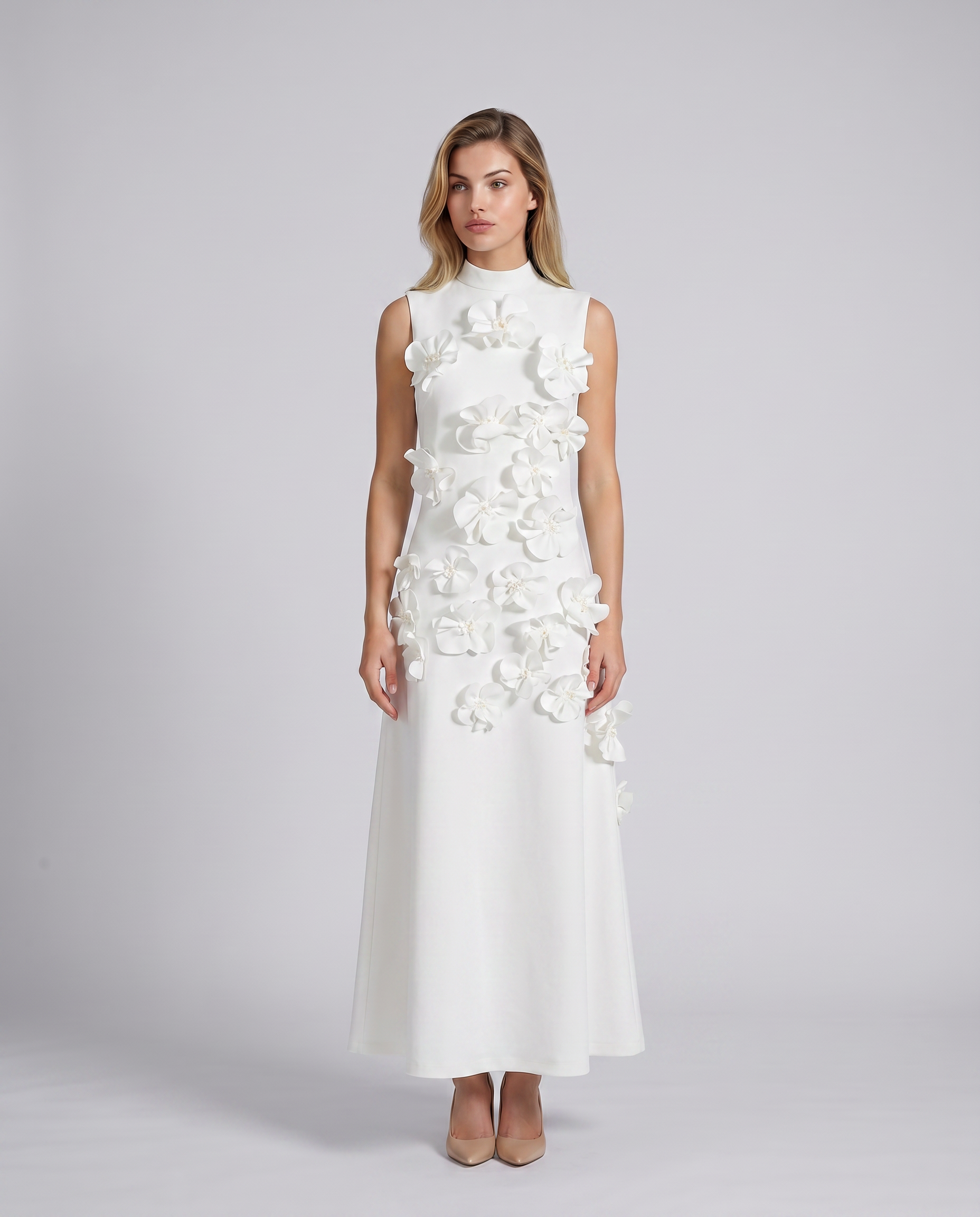 Shelia | Maxi Dress with Floral Appliqué and High Neck