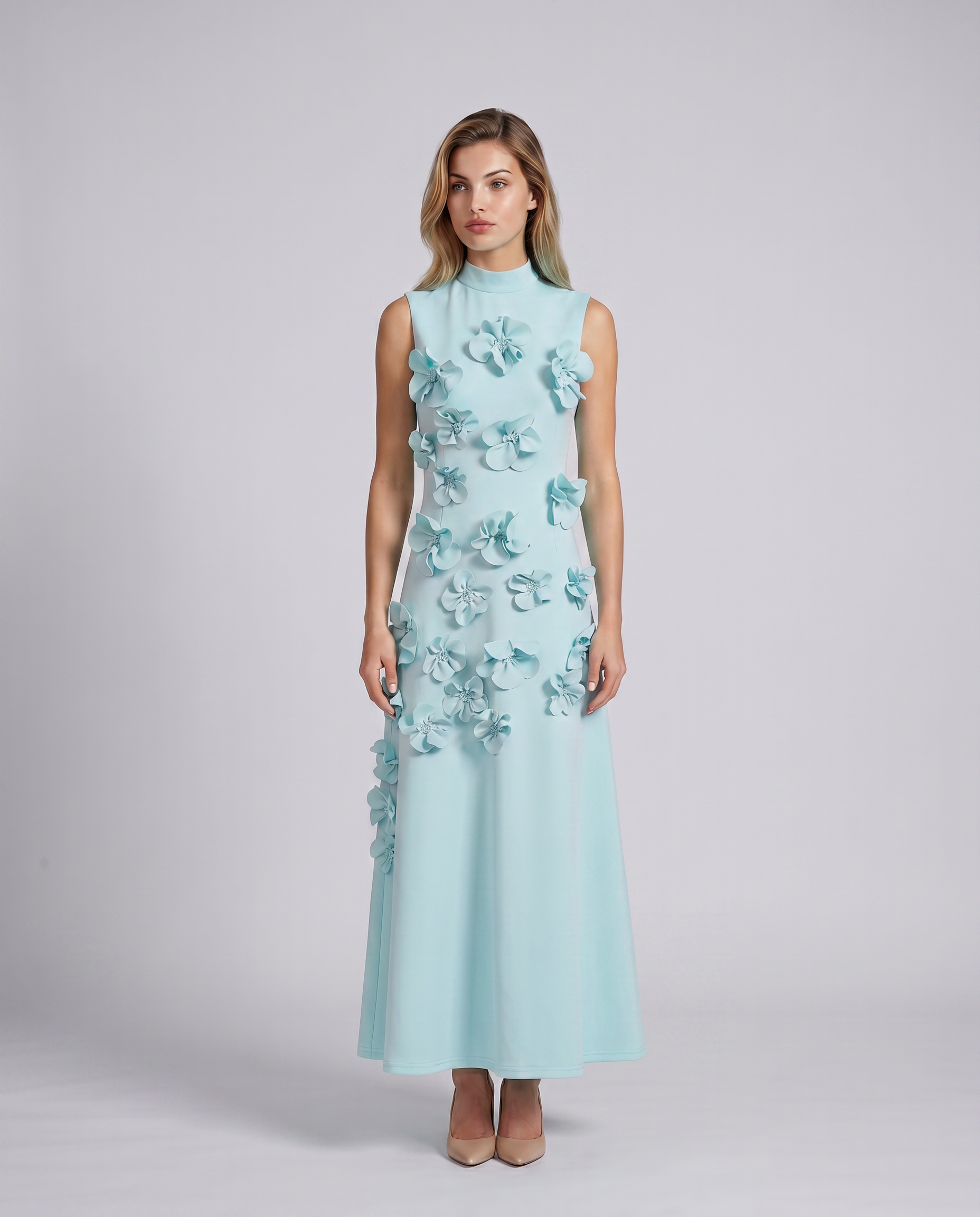 Shelia | Maxi Dress with Floral Appliqué and High Neck