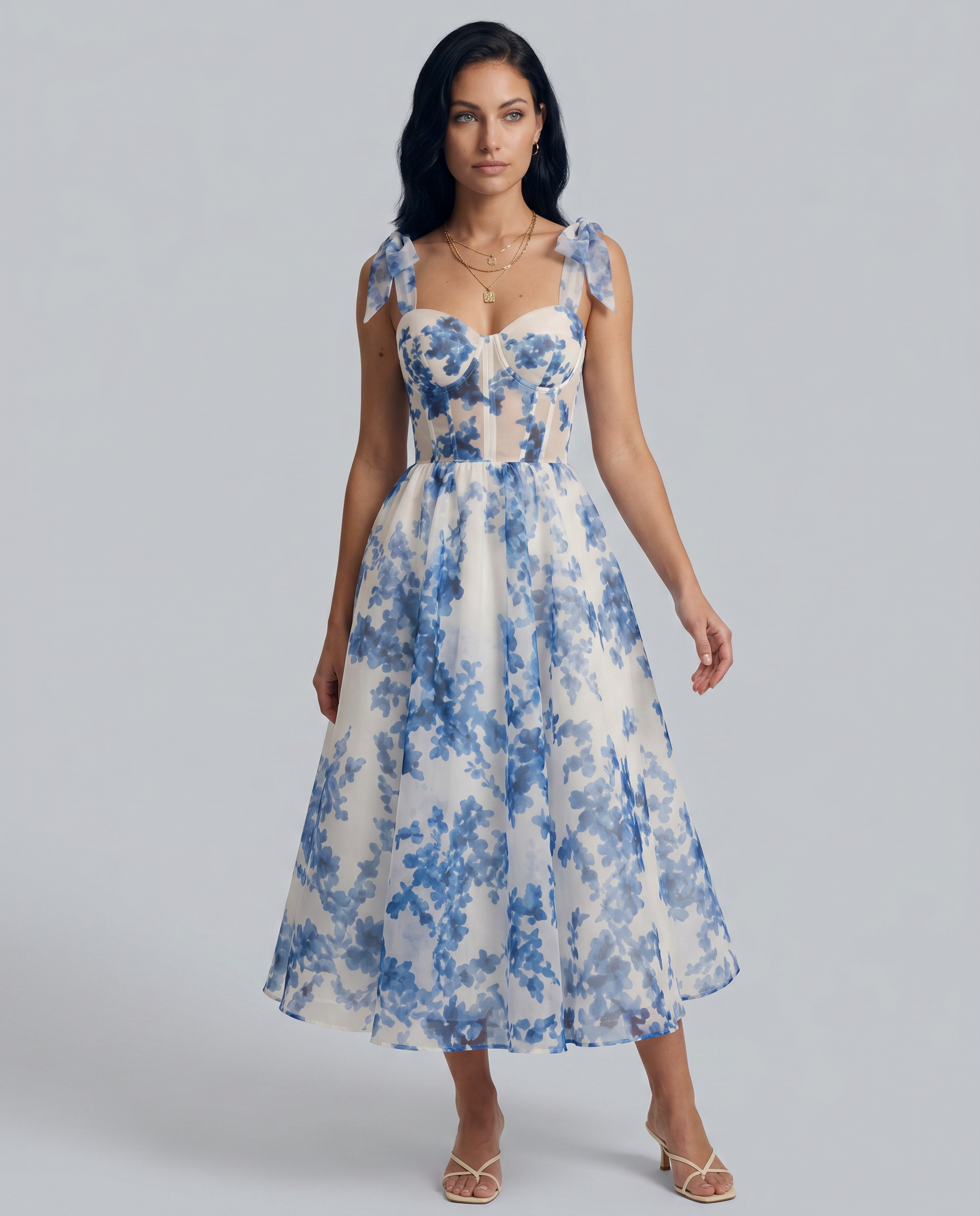 Fiora | Midi Dress with Corset Bodice and Tie Straps