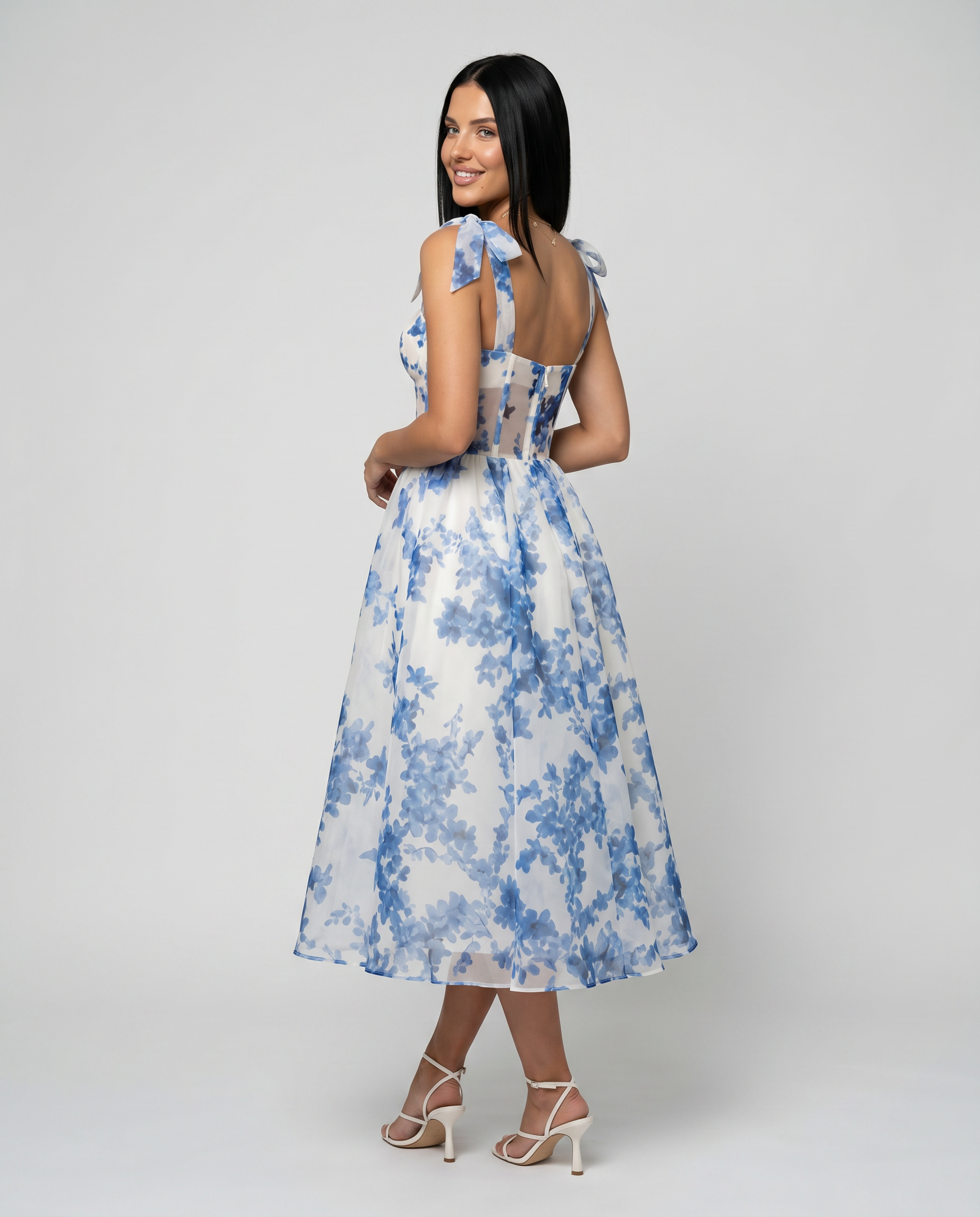Fiora | Midi Dress with Corset Bodice and Tie Straps