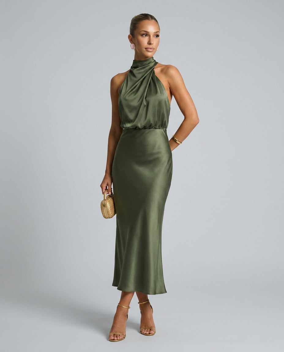 Imara | Halter Neck Open Back Satin-Look Maxi Dress
