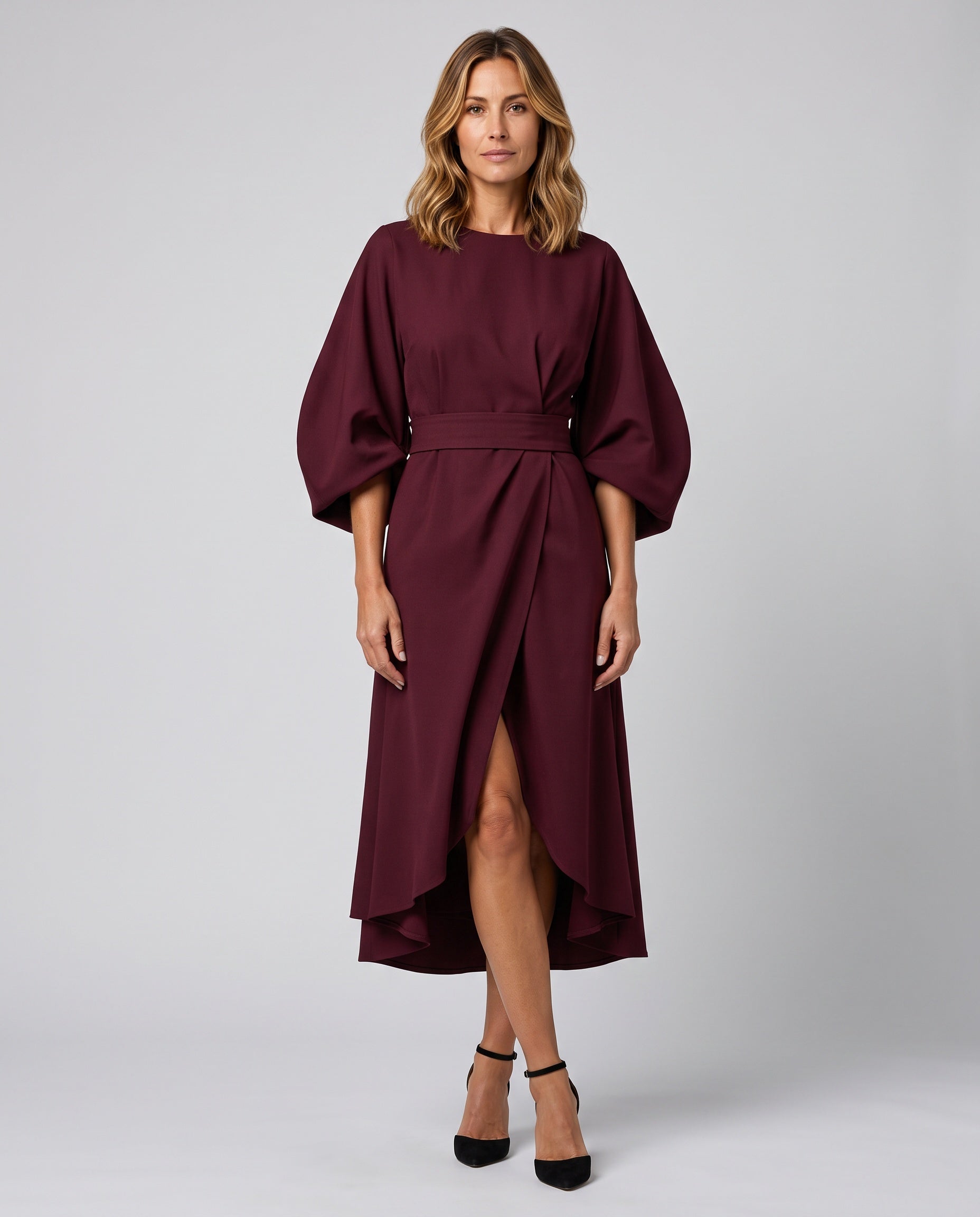 Esme | Wide Sleeve Belted Round Neck Midi Dress