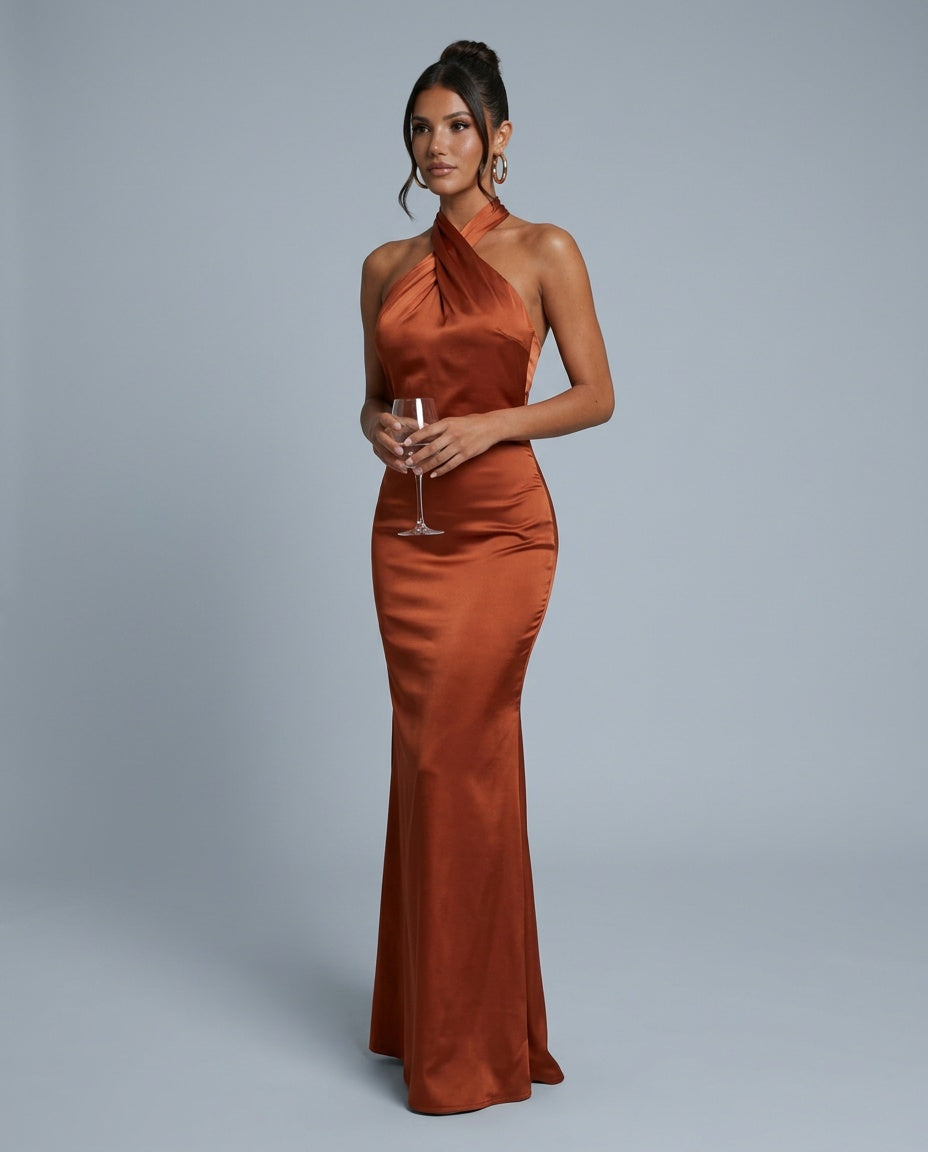 Aurelia | Crossover Halter Neck Fitted Maxi Dress