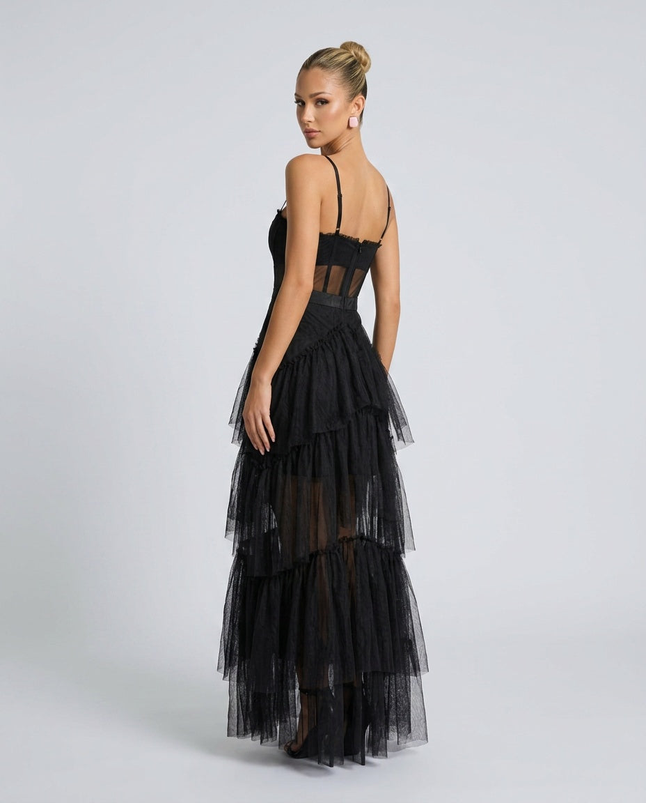 Inaya | Stretch Mesh Black Tie Maxi Dress