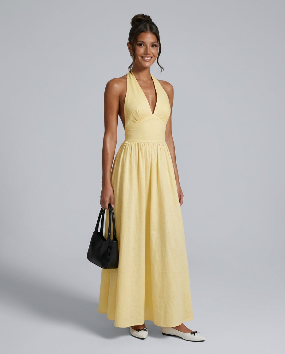 Salma | Halter V-Neck Gathered A-Line Maxi Dress