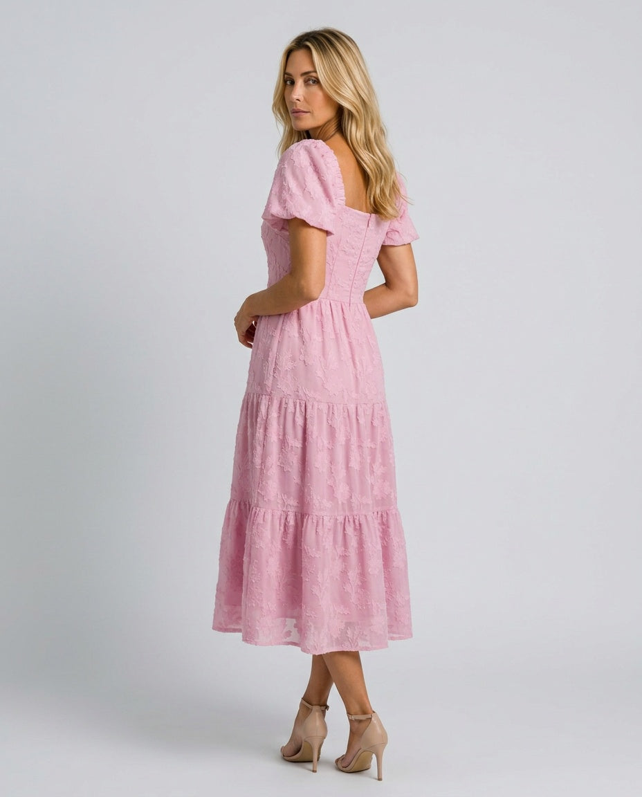 Della | Short Sleeve Textured Floral Midi Dress