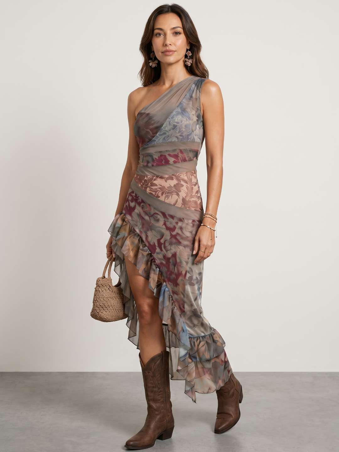 Edda | Asymmetric Printed Ruffle Hem Maxi Dress