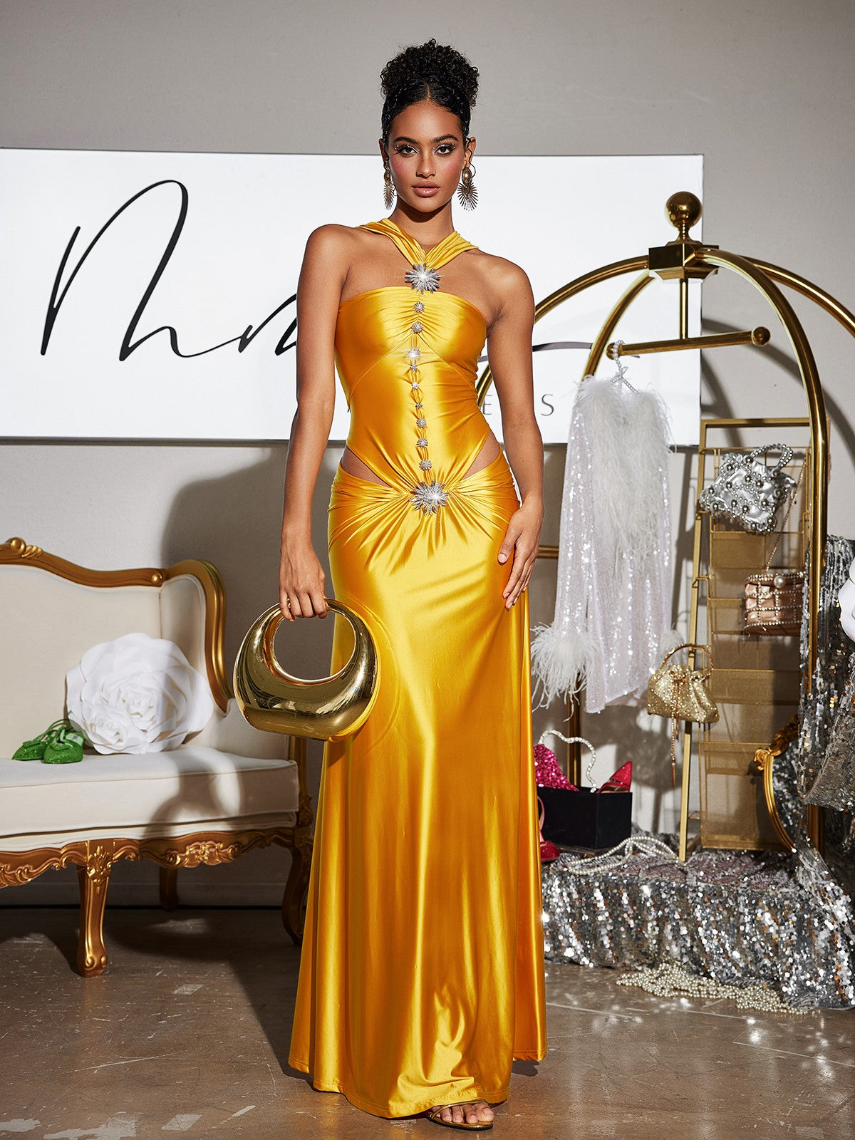 Rosa | Crystal Cutout Satin-Look Maxi Dress