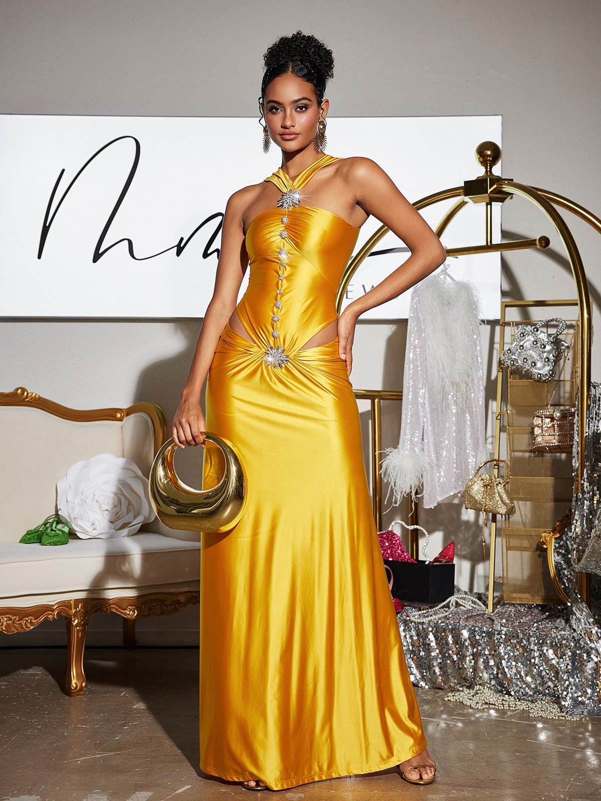 Rosa | Crystal Cutout Satin-Look Maxi Dress