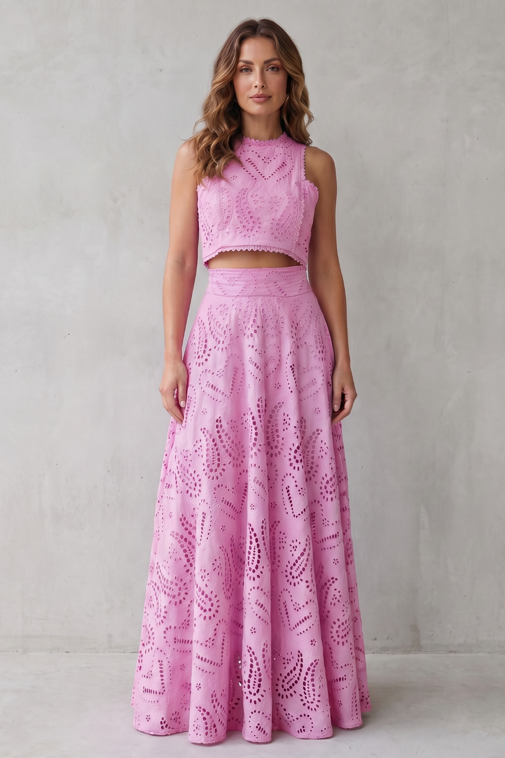 Parivelle | Embroidered Lace Sleeveless Midi Skirt Set