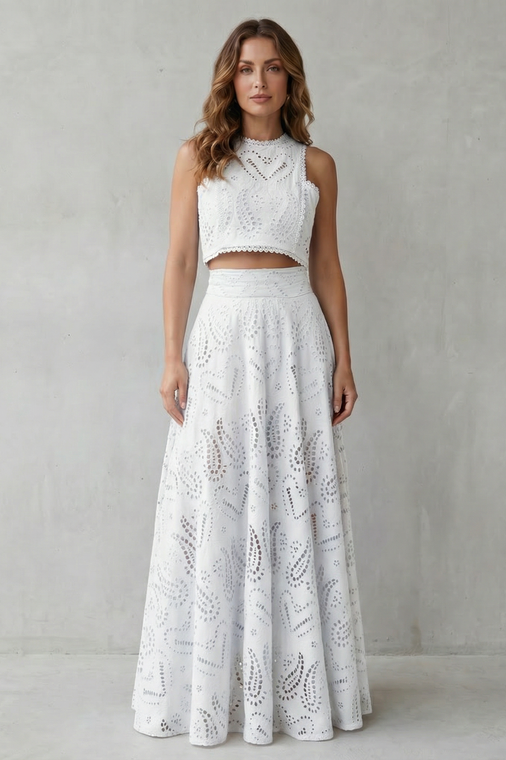 Parivelle | Embroidered Lace Sleeveless Midi Skirt Set