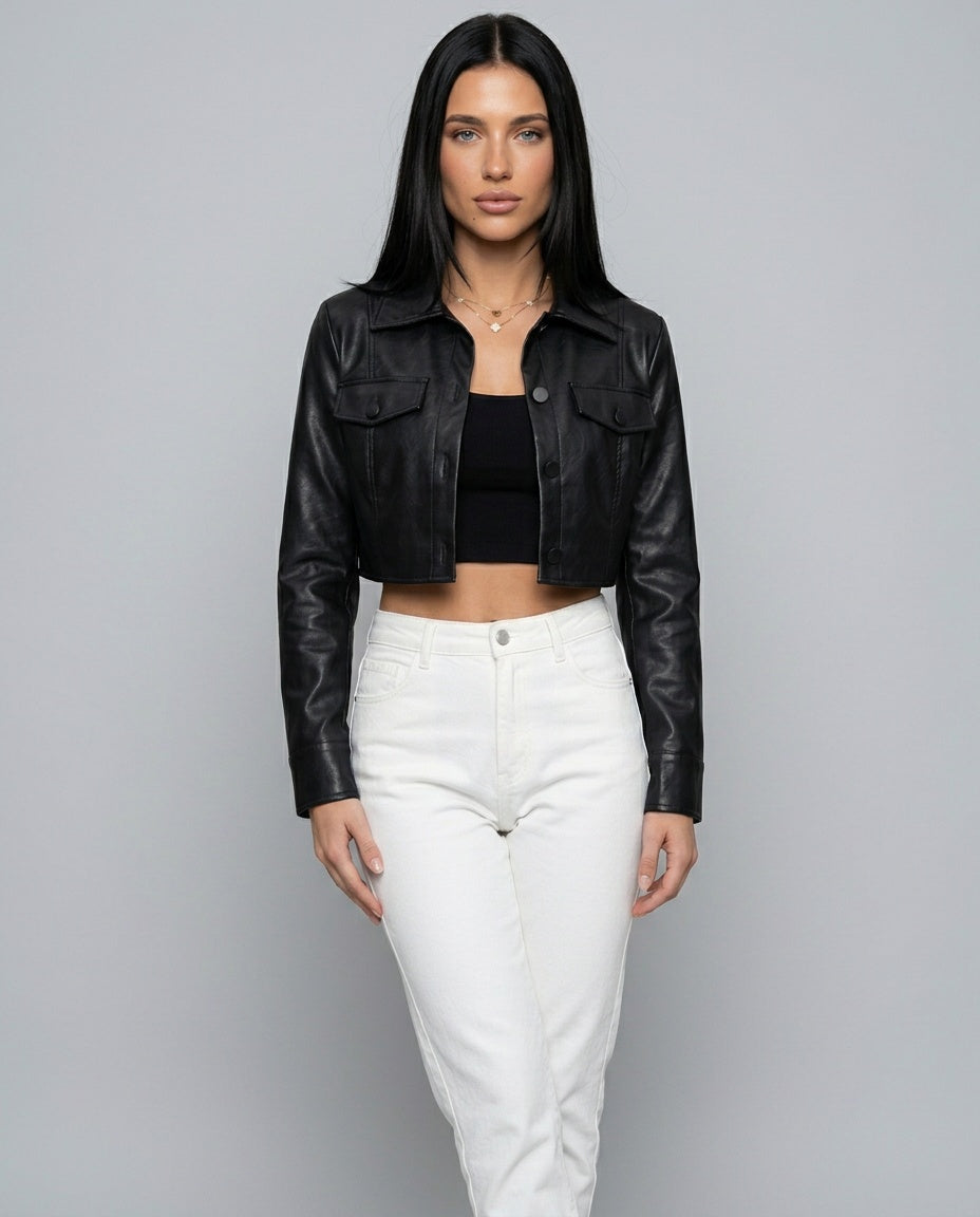 Giselle | Cropped Button-Front Faux Leather Jacket