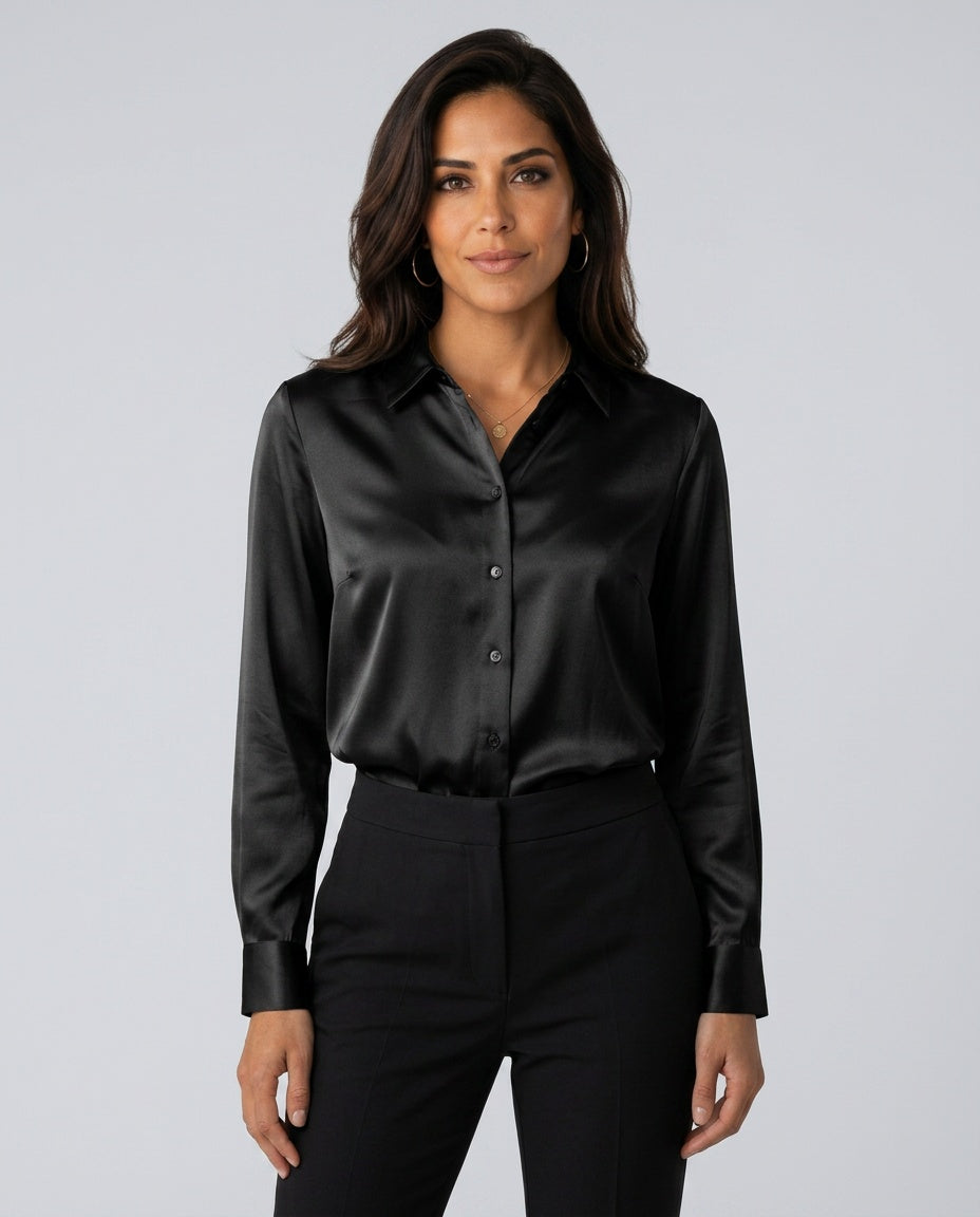 Willa | Long Sleeve Satin-Look Button-Up Top