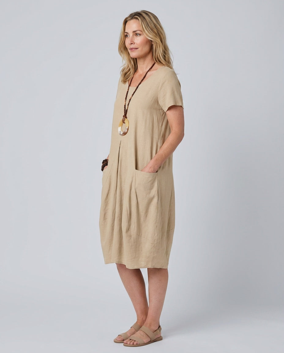 Dion | Short Sleeve Pleated Knee-Length Midi Dress