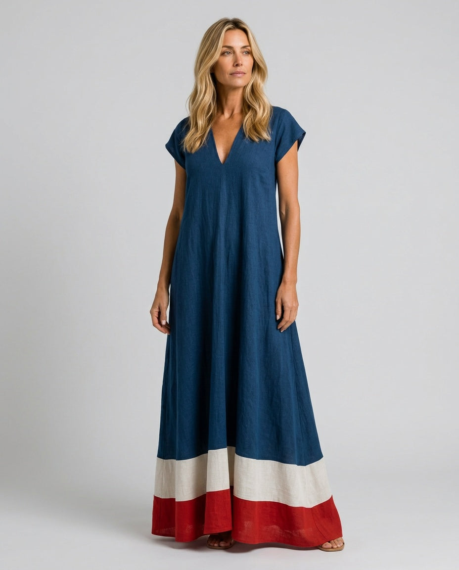 Alba | Contrast Hem Linen-Blend Maxi Dress