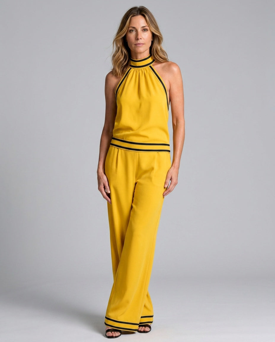 Bianca | Contrast Trim Halter Neck Wide Leg Jumpsuit