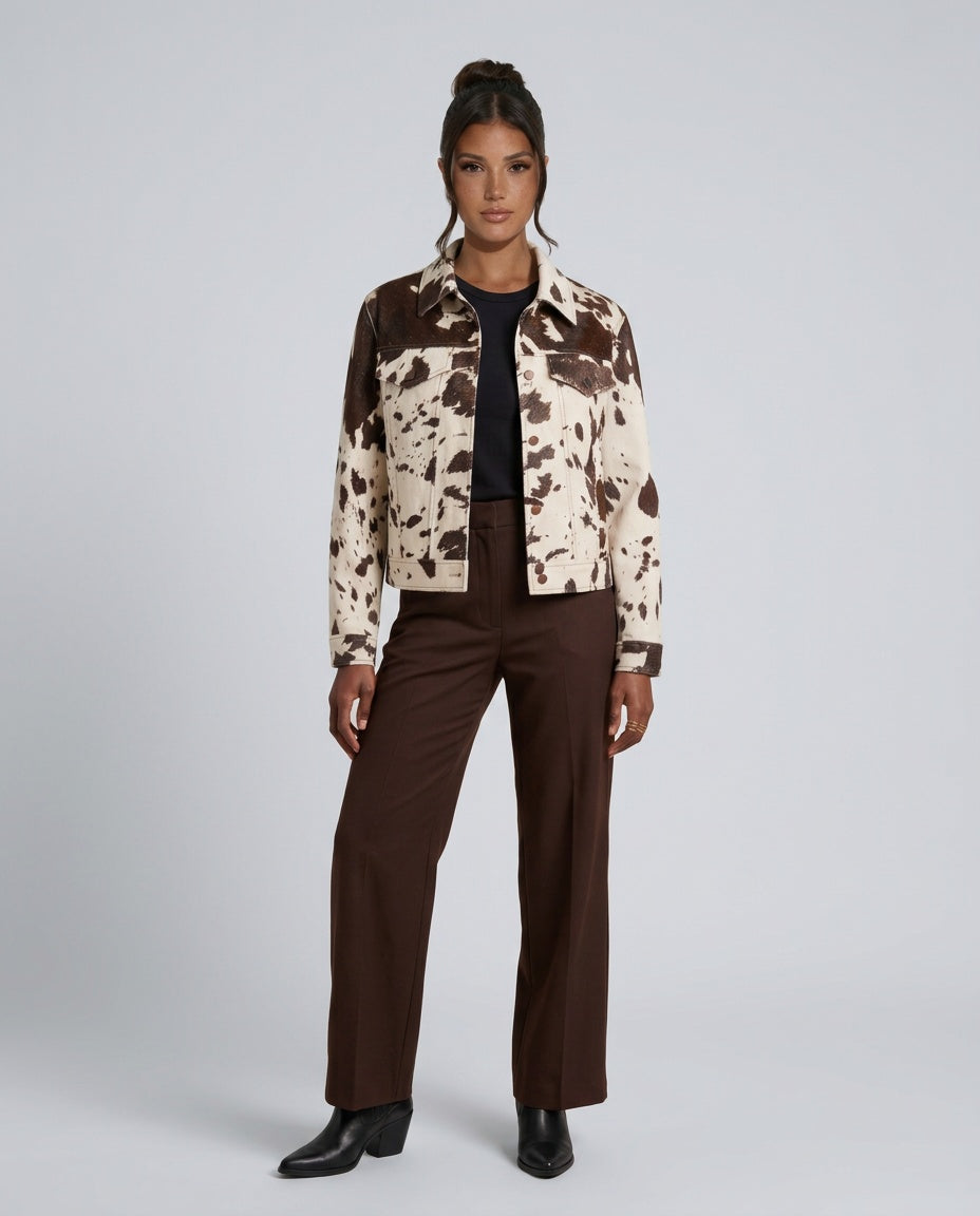 Hadley | Cropped Cow Print Faux Fur Trucker Jacket